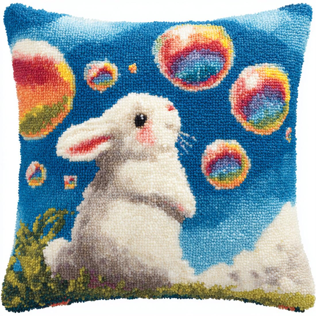 Kitquiver Animal DIY Craft Latch Hook Rug Kits Rabbit and Bubbles DIY Latch Hook Rug Kit for Beginners Embroidery Cushion Canvasfor Adult Beginners 17x17In