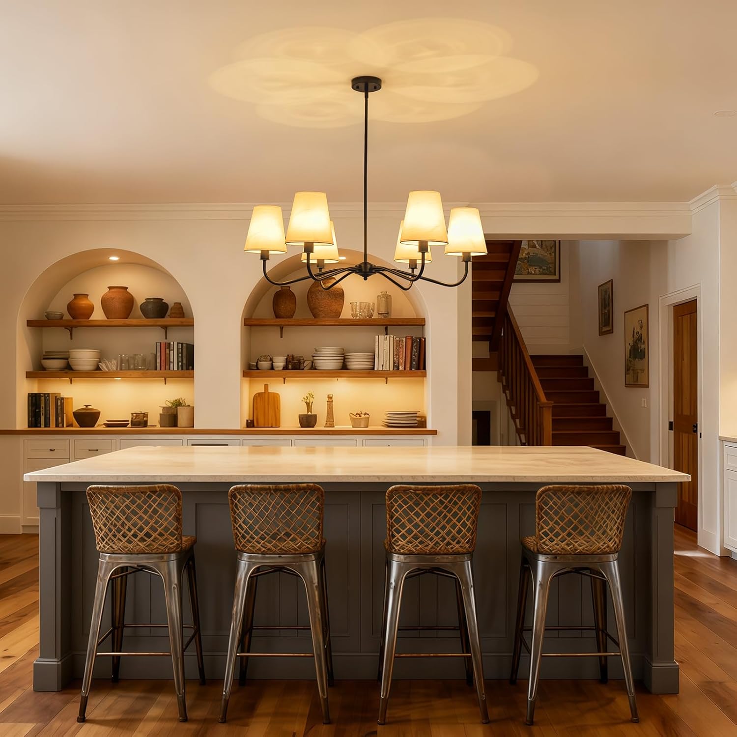 Black Farmhouse Chandeliers with White Fabric Shade,36" 6-Light Modern Dining Room Light Fixture with E12 Pendant Hanging Light for Kitchen Island over Table Living Room Bedroom Entryway Foyer