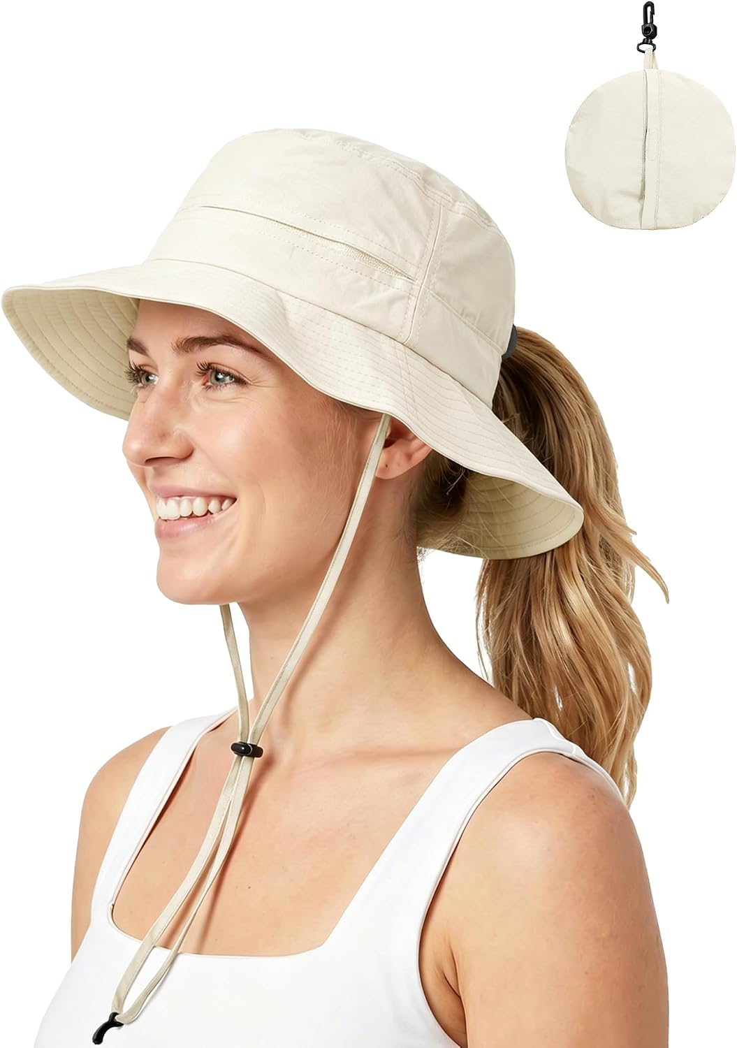 Womens Ponytail Sun Hat Packable UPF50+ Waterproof Bucket Hat Hiking Fishing Safari Hat Foldable Beach Hat