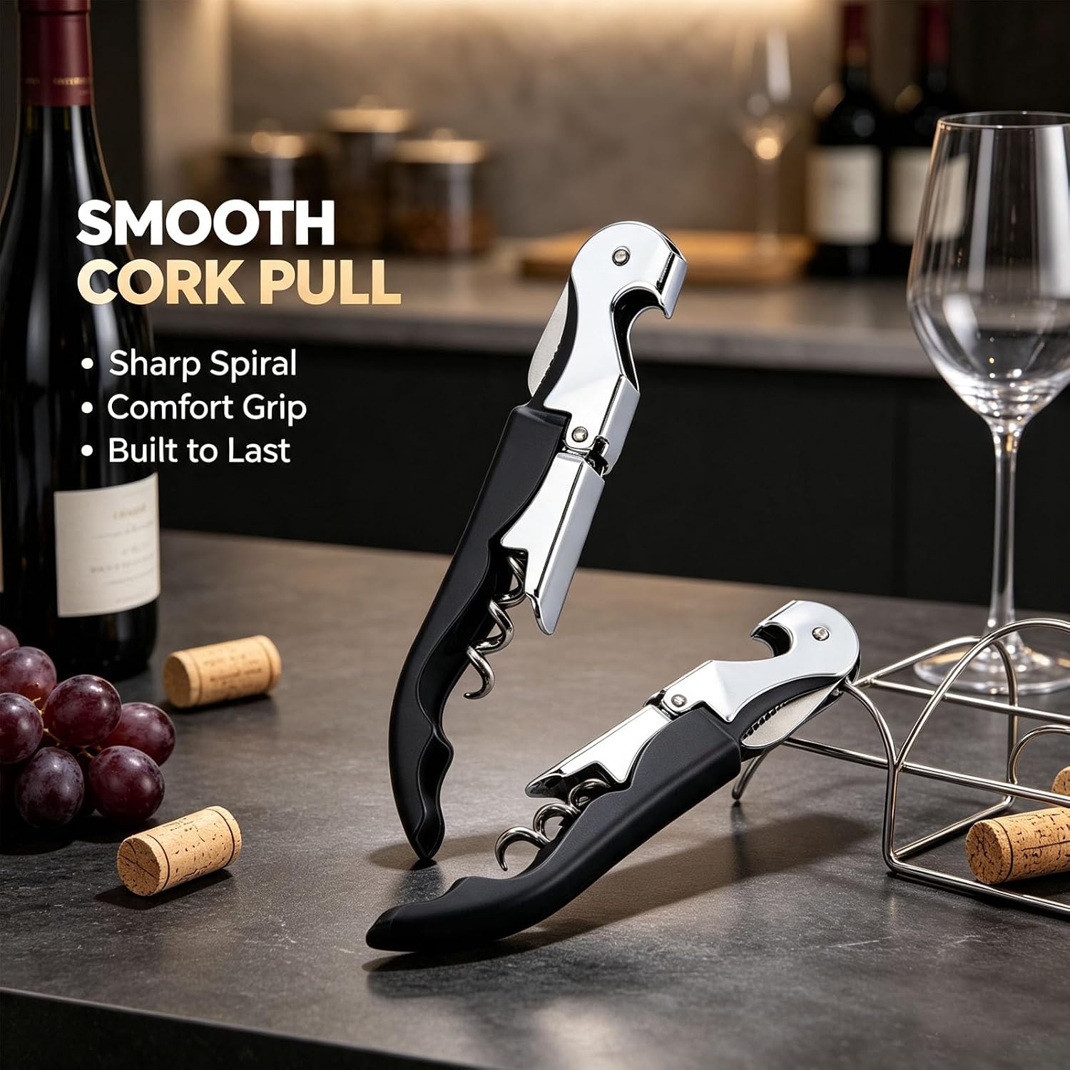 2 Pack Wine Opener Corkscrew, Stainless Steel Double Lever Bottle Opener with Foil Cutter & Cap Lifter, Manual Bar Tool for Red White Rosé Wine, Black