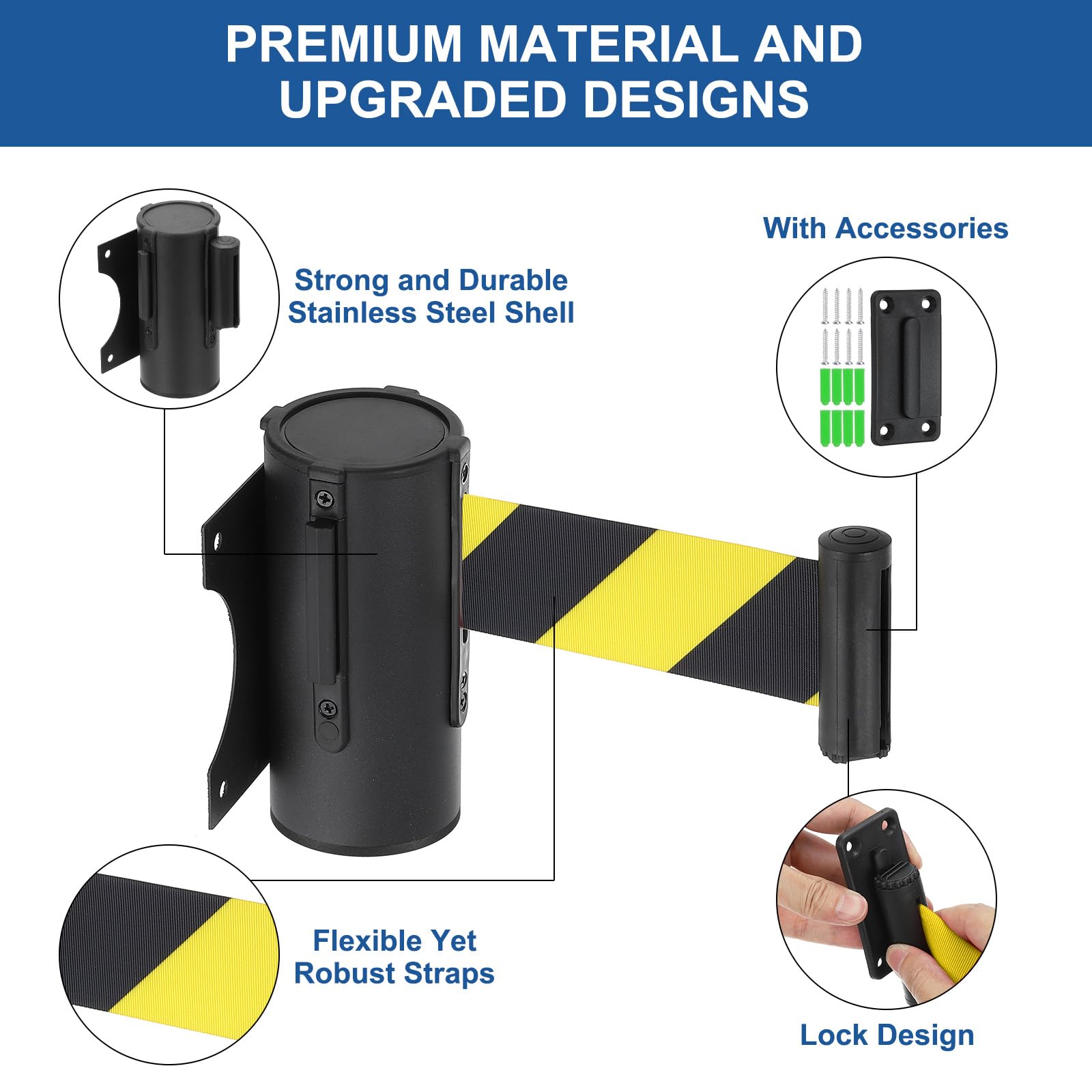 QUARKZMAN Soporte Pared Fijo Con Barrera Retráctil Cinta 9.84 Pies Cintas Retráctiles Para Control Multitudes Cola Cinta Diagonal Negro Y Amarillo Paquete 4