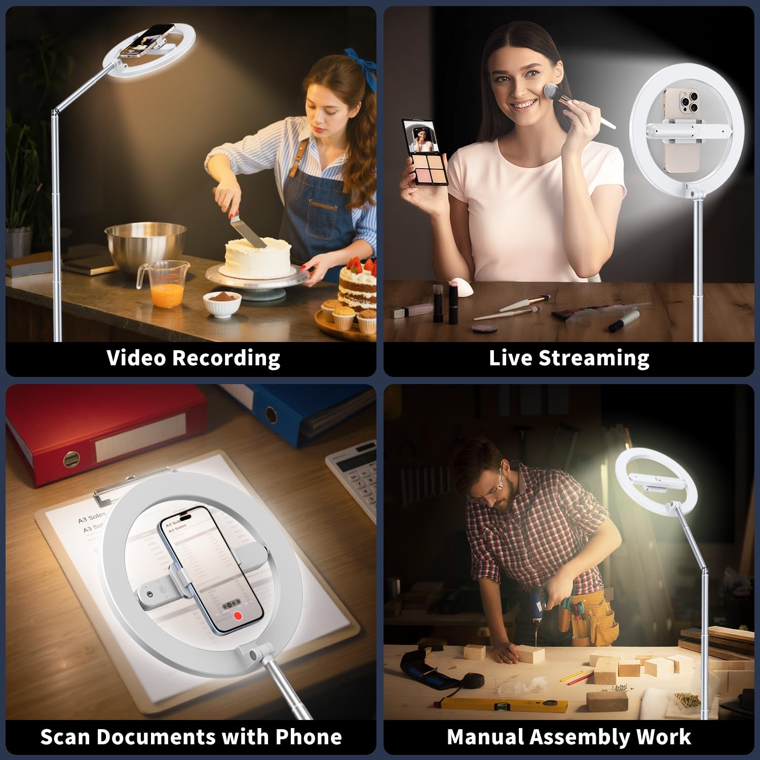 Ring Light Professionnel Smartphone Overhead 174cm, avec Trépied Idéal pour TikTok, Les Diffusions en Direct de Cours de Cuisine et Les Vidéoconférences.