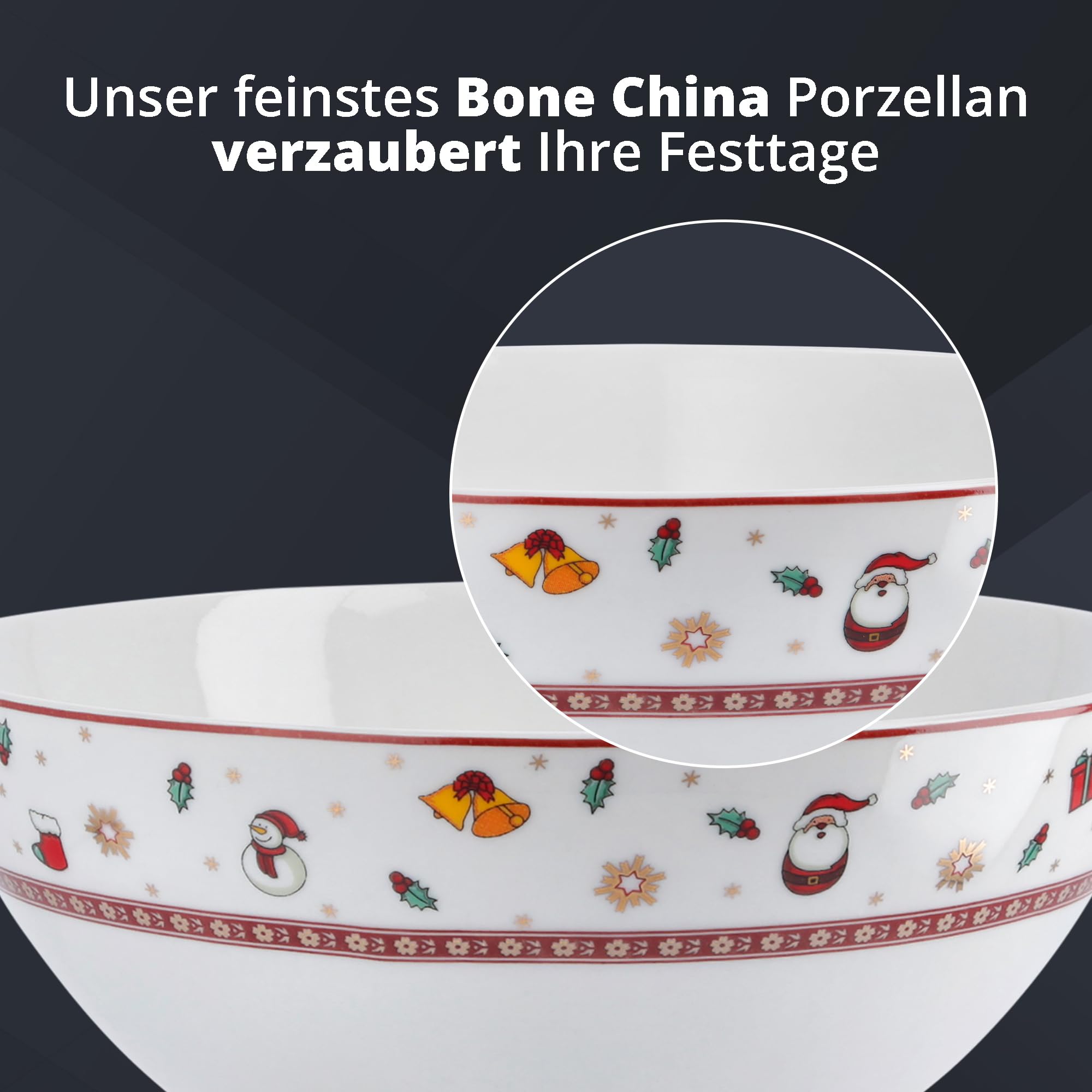 Peill+Putzler Germany Weihnachtsgeschirr,große Schale mit Weihnachtsmuster, Geschirr für Weihnachten, feinstes Bon China Porzellan in weiß, mit Goldrand daher nur Handwäsche
