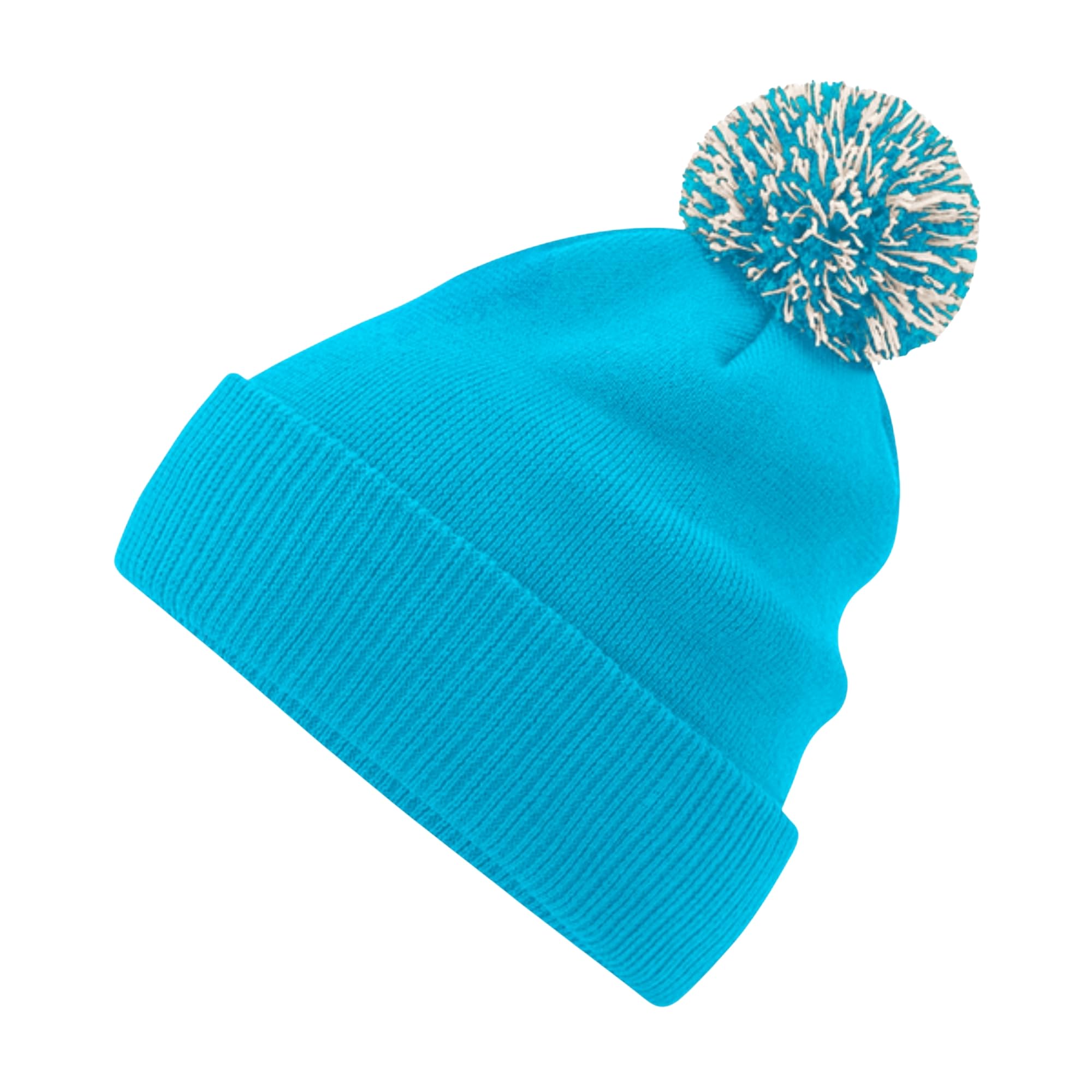 Aremie Snowstar Beanie Hats Mens Womens Two Tone Bobble Pom Winter Headwear - Surf Blue Off White