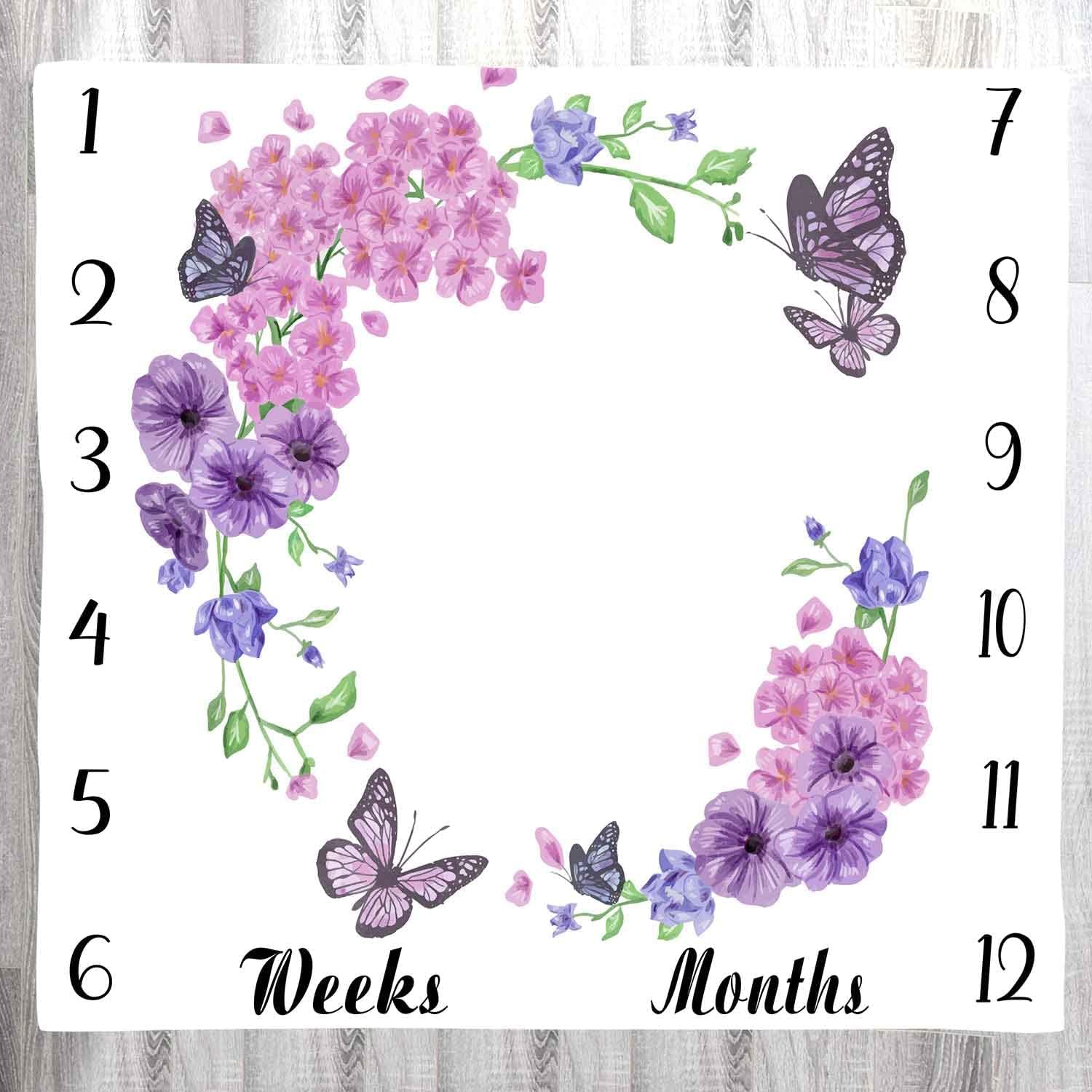 Baby Monthly Milestone Blanket - Floral Butterfly Pattern, Purple, 48x40 Inch, Swaddling & Photo Memory Blanket for Girls