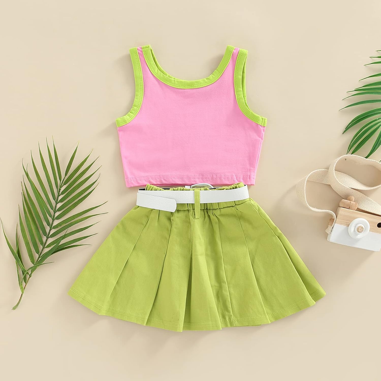 3PCS Toddler Baby Girls Skirts Sets Letter Print Sleeveless Vest Crop Tops + Pleated with PU Belt