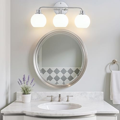 Miniatura 7 de Lámpara cromada para tocador de baño, lámparas sobre el espejo, 3 lámparas de pared, luces plateadas con globos de leche, pantallas de vidrio,