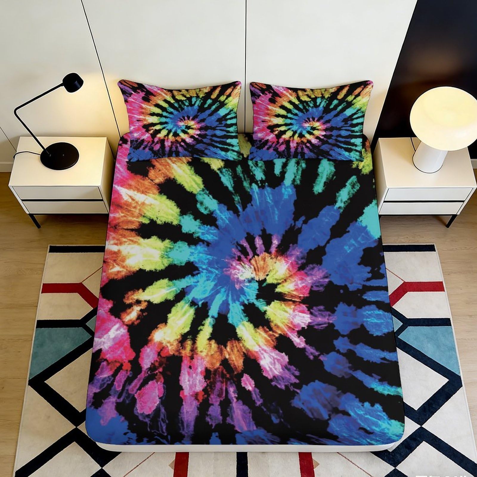 3D Printed Rainbow Tie Dye Fitted Sheet Microfiber Soft Vibrant Spiral Mattress Cover Bedroom Dorm Decor 120x200x25cm