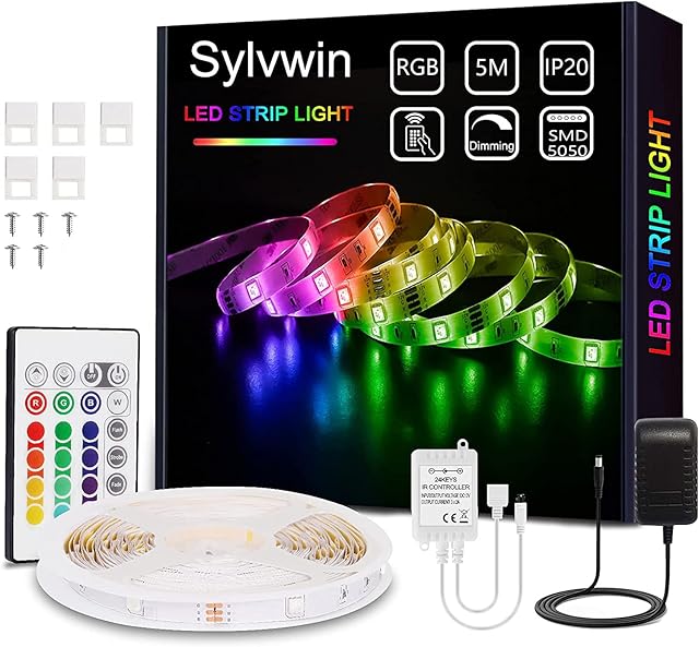 sylvwin Led Strip Lights RGB - 5M Color Changing LED Lights with Remote Control,5050 LED Light Strips for Bedroom | Decoration | Home | Party | TV |Cabinet Decor