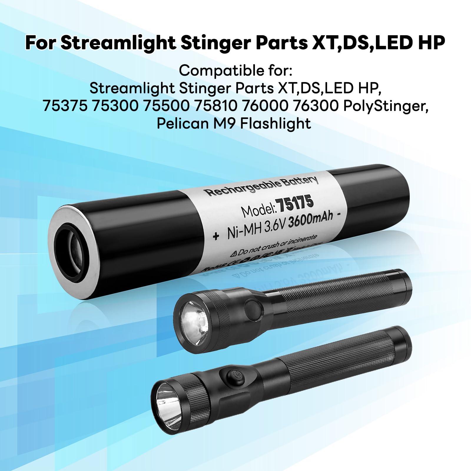 Batería Recargable Ni-MH 75175 De 3.6 V 3300 MAh Para Linternas Streamlight Stinger Y Pelican M9, Pack De 2 Unidades