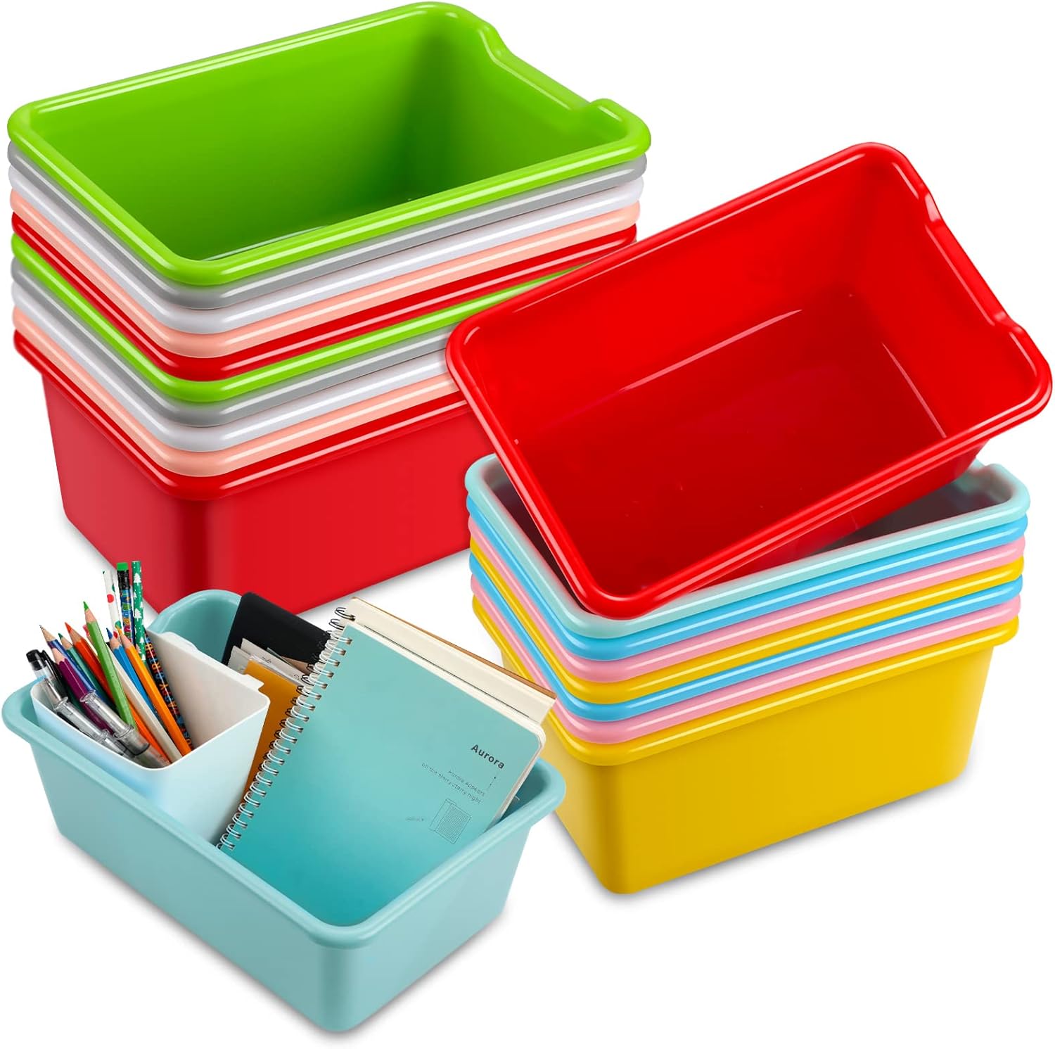 Frienda 18 Pcs Storage Bins for Classroom Plastic Cubby Bins Bulk Colorful Storage Container Multi Purpose Kids Book Toy Tray Organizer Boxes for School Library Home Office