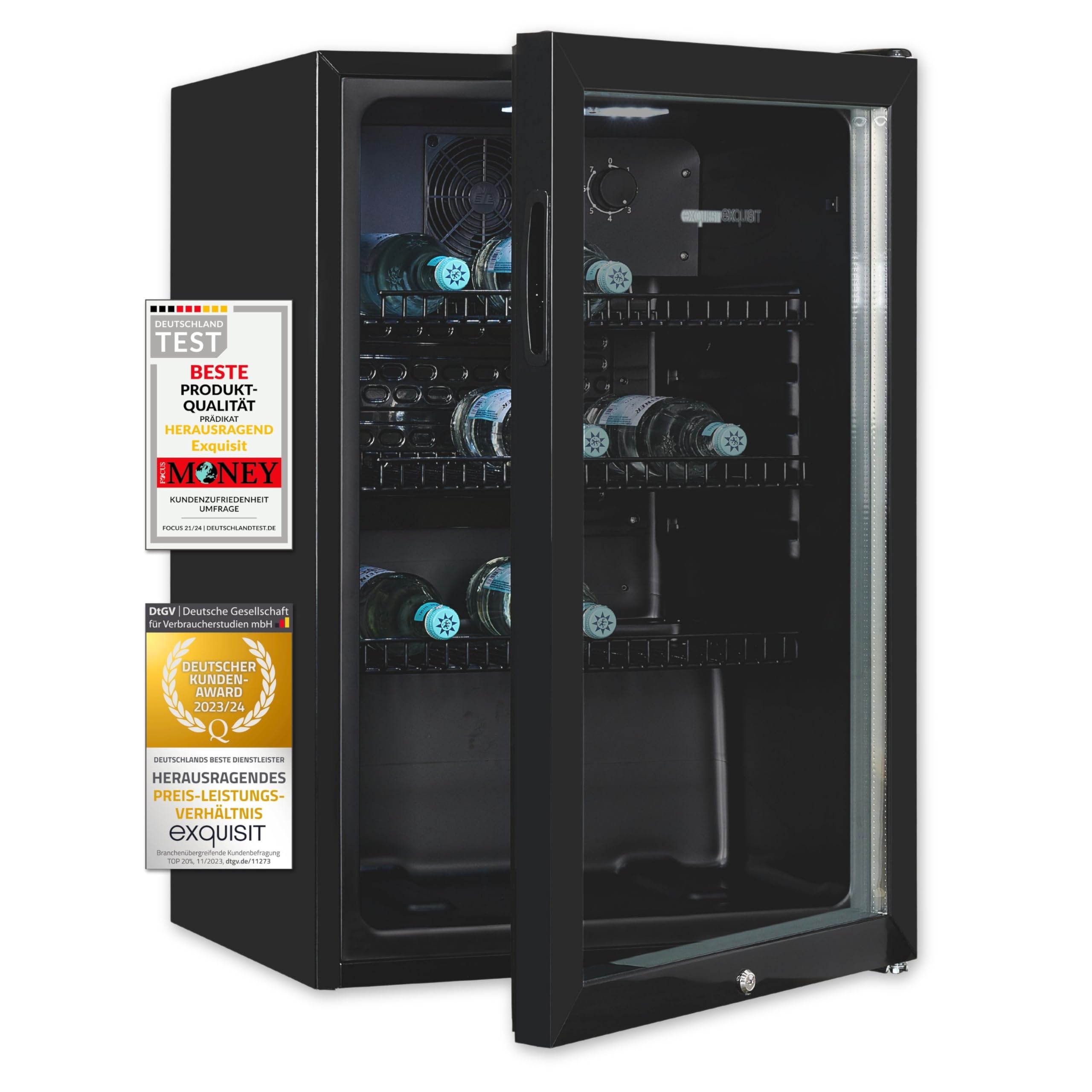 Exquisit GKS120-GT-160C Glastürkühlschrank 118L Flaschenkühlschrank Schwarz LED Umluft 3 Ablagen Schloss Kompakt Gastro-Kühlschrank