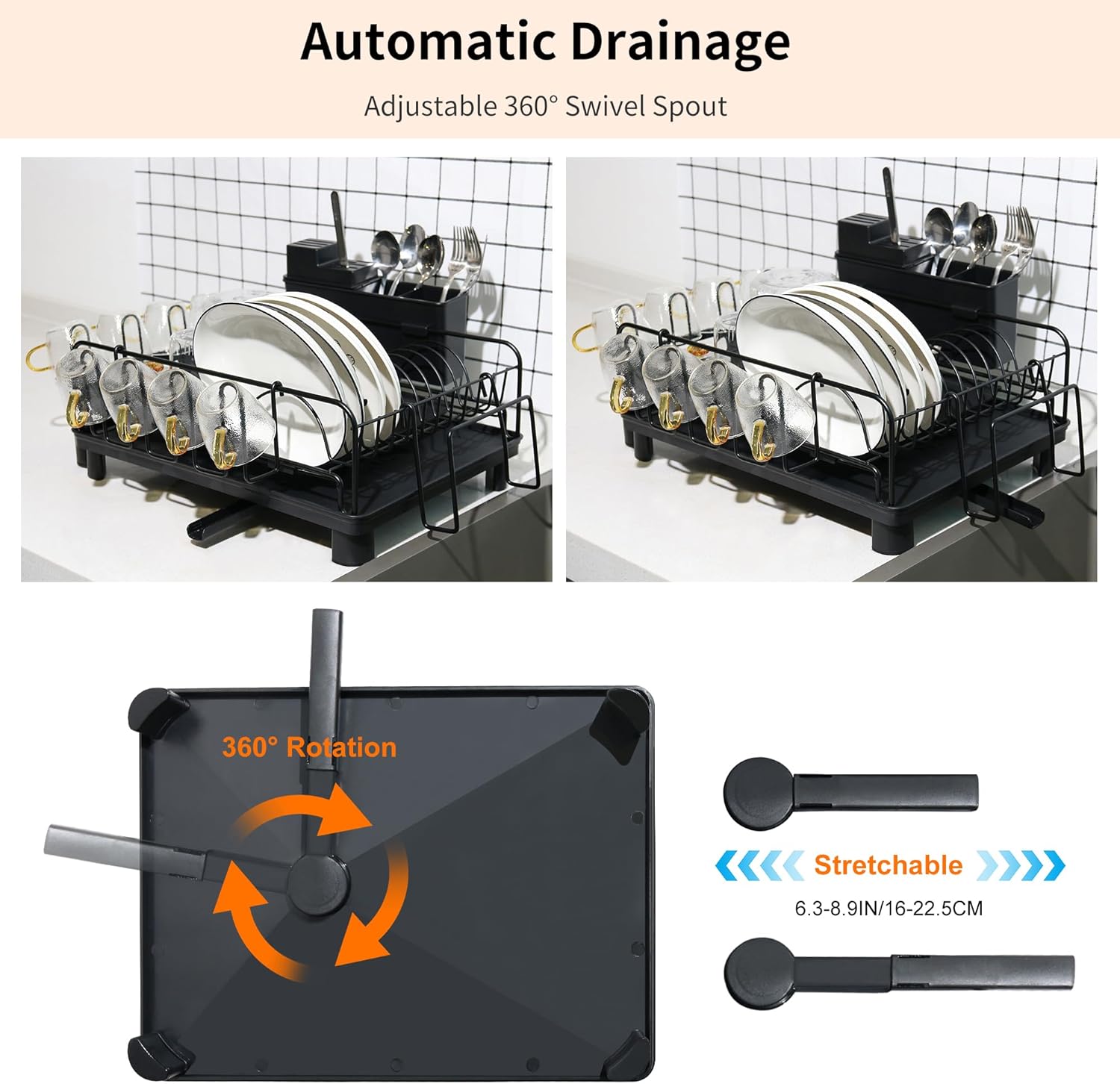 Large Dish Drying Rack, Dish Rack for Kitchen Counter, Extendable Dishes Drying Rack with Drainboard and Cutlery Holder, Anti Rust Dish Rack with Mug Holder, Black