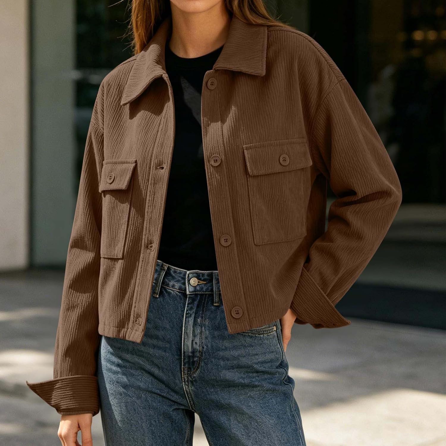 Corduroy Shacket for Women Long Sleeve Collared Button Down Jacket Fall Winter Casual Work Outerwear with Pocket