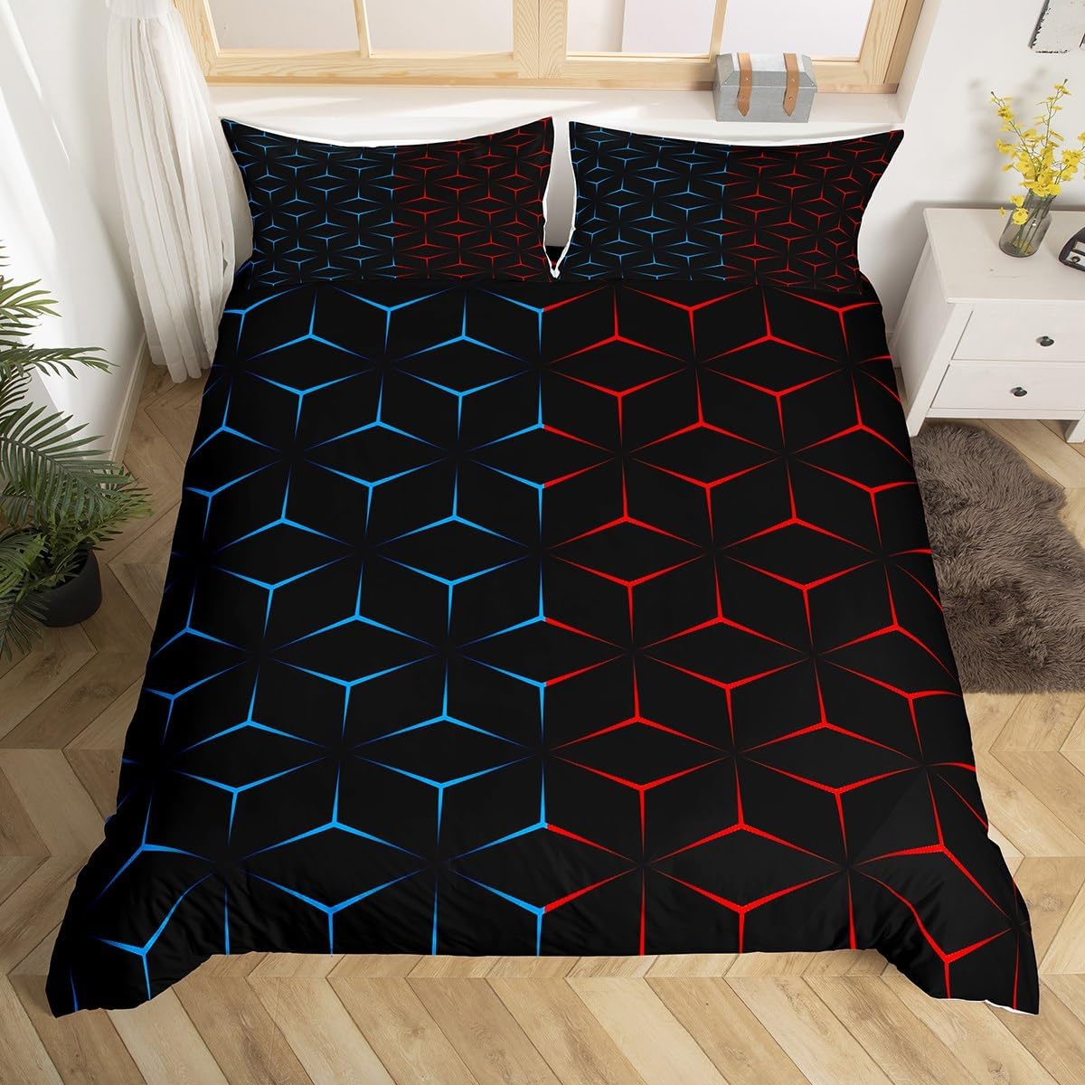 jejeloiu Duvet Cover Toddler Size Boys Girls Triangle Print Bedding Set for Kids Geometric Comforter Cover Modern Black Teal Blue Room Decor,NO Comforter