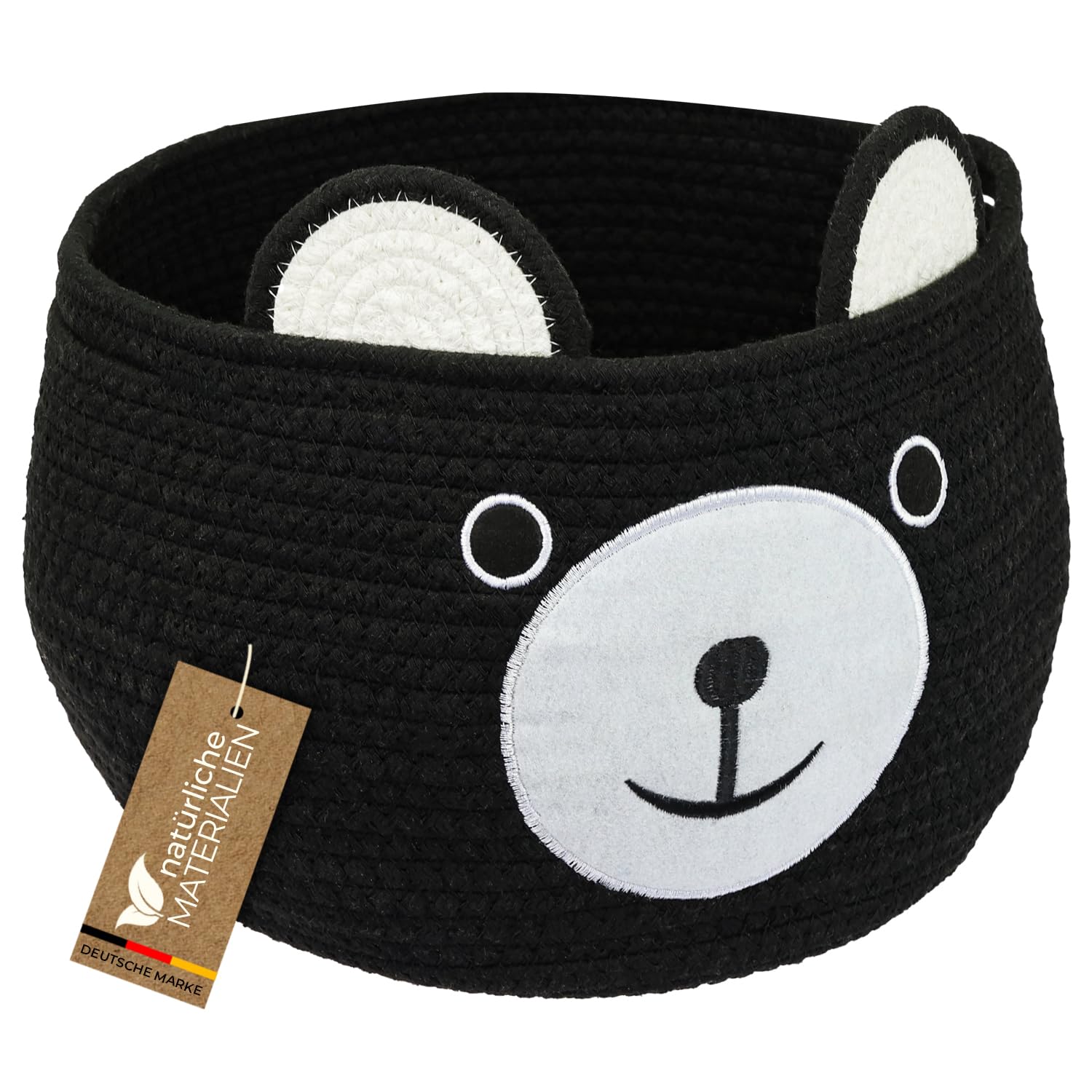 HMF Aufbewahrungskorb mit versteckten Griffen, Korb für Kinderzimmer aus Baumwolle | Bär | 30 x 24 cm | Schwarz