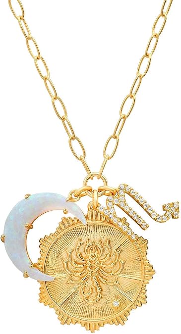 Dainty Gold Zodiac Embossed Coin Opal Crescent Moon Charm Necklace for Women Trendy 18K Gold Plated Retro Paperclip Chain 12 Constellation Horoscope Necklaces Astrology Jewelry Gifts