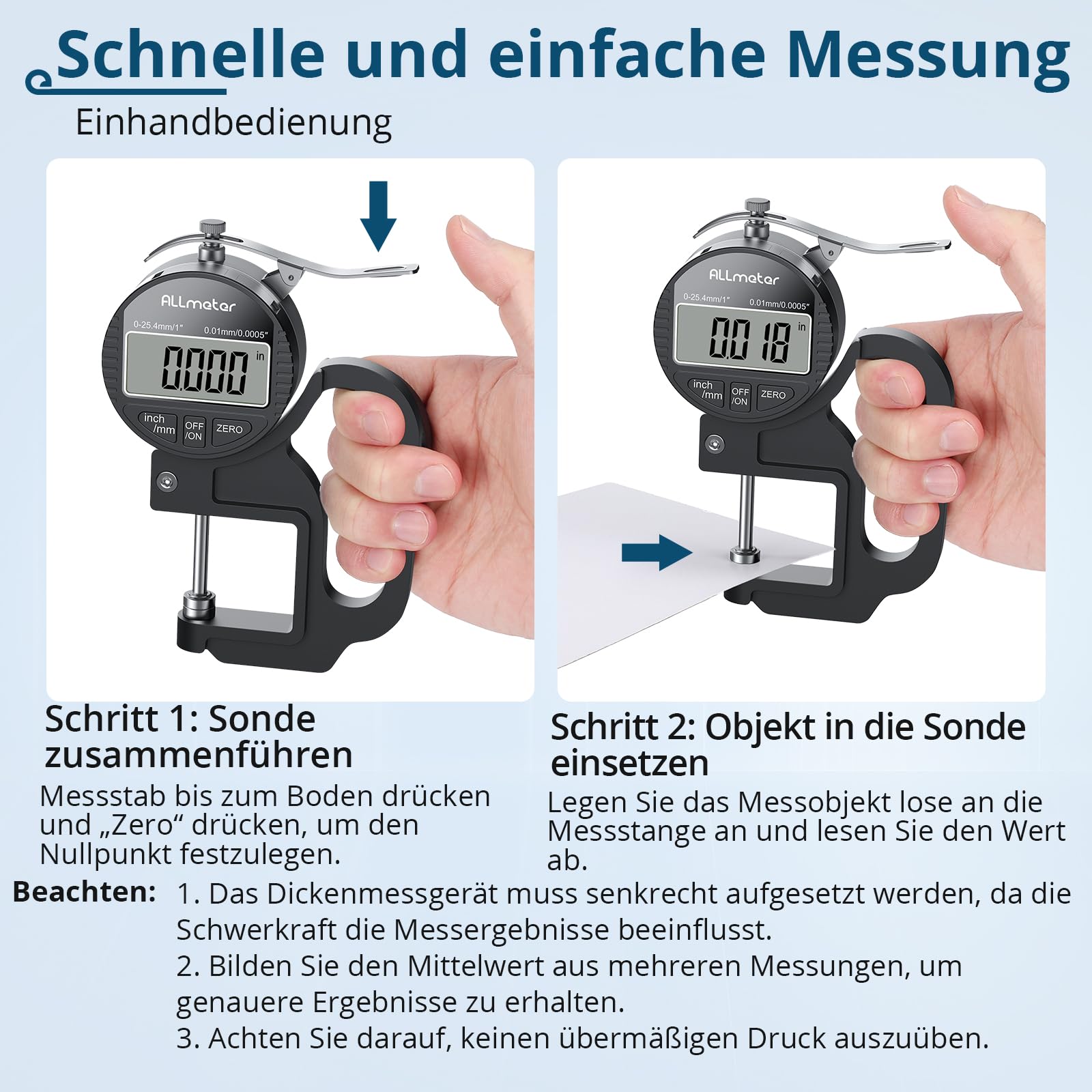 Digitales Dickenmessgerät 0-25,4mm, 0,01mm/0,0005'' Präzisionsmessgerät mit LCD Display für Leder, Papier, Stoff