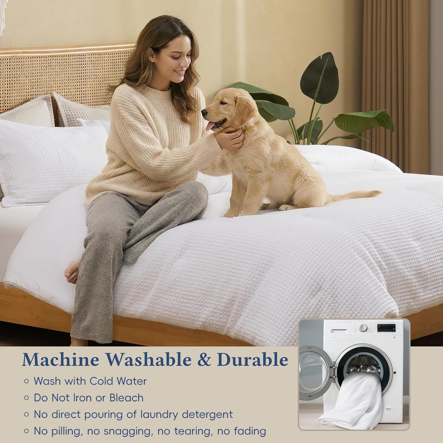 David's Home Waffle Weave Comforter Set 3PCS Queen Size, Soft Breathable Lightweight Cozy Skin-Friendly Warm for All Season, Elegant Aesthetic Home Decor Bedding Set with Pillow Shams, White - Image 8