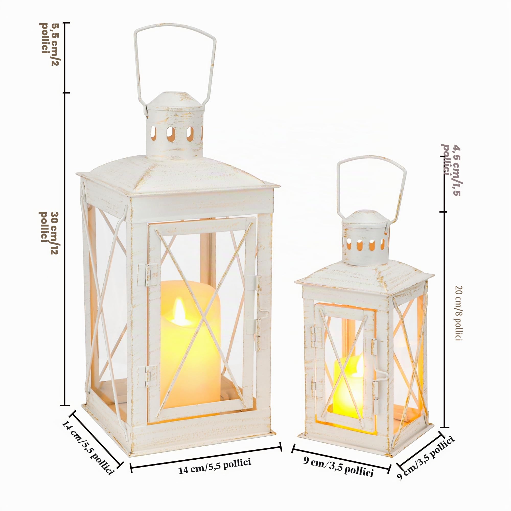 TRIROCKS Set di 2 lanterne decorative per candele da 30,5 cm e 20,3 cm di altezza, portacandele in metallo, lanterna da appendere, perfette per decorare la casa, patio, soggiorno, feste, eventi, piano