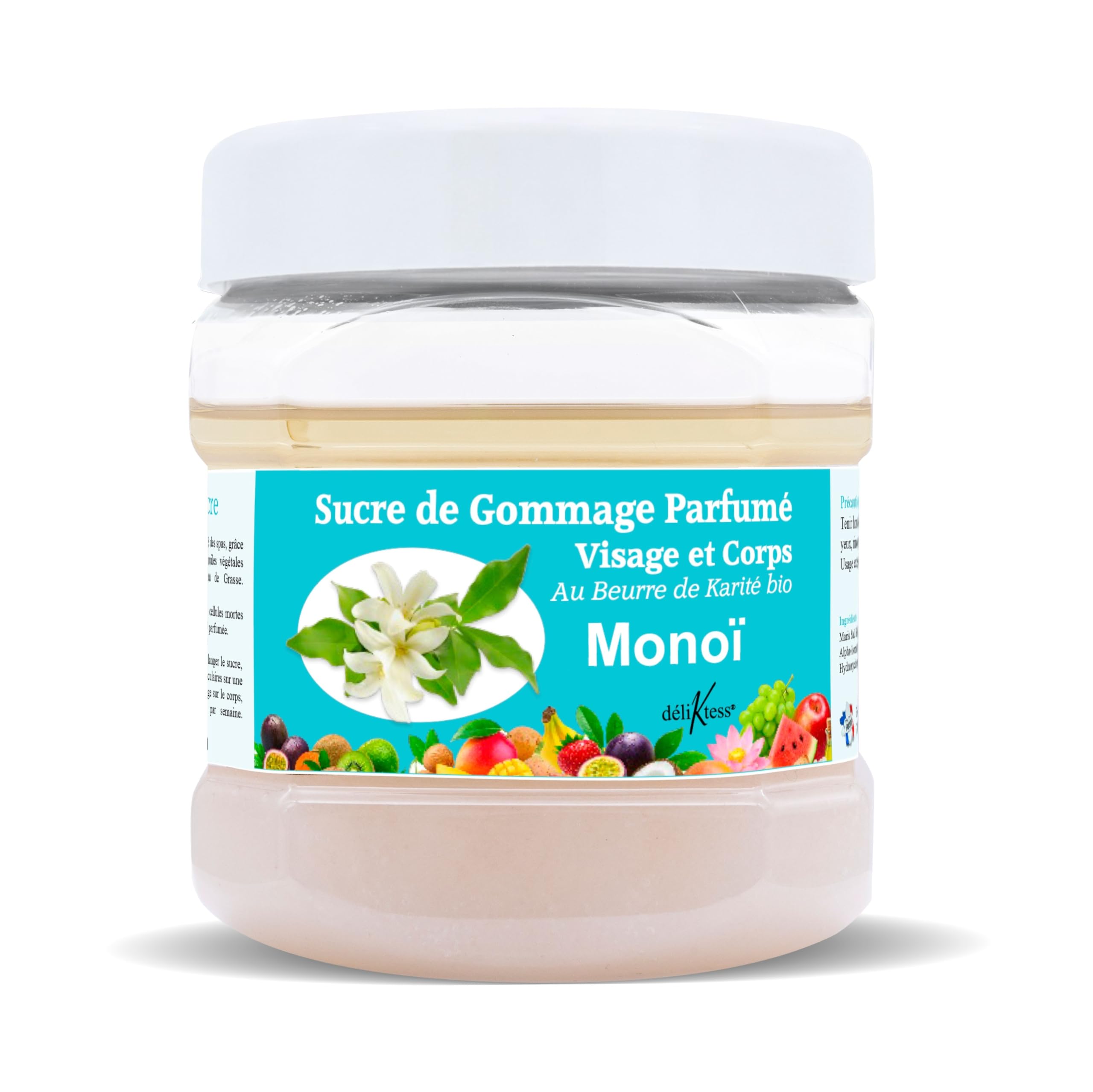 Sucre de Gommage Visage et Corps 600g deliktess®– Exfoliant au Sucre Naturel & Beurre de Karité Bio – Body Scrub Hydratant Spa – 18 Parfums au choix (Monoï)