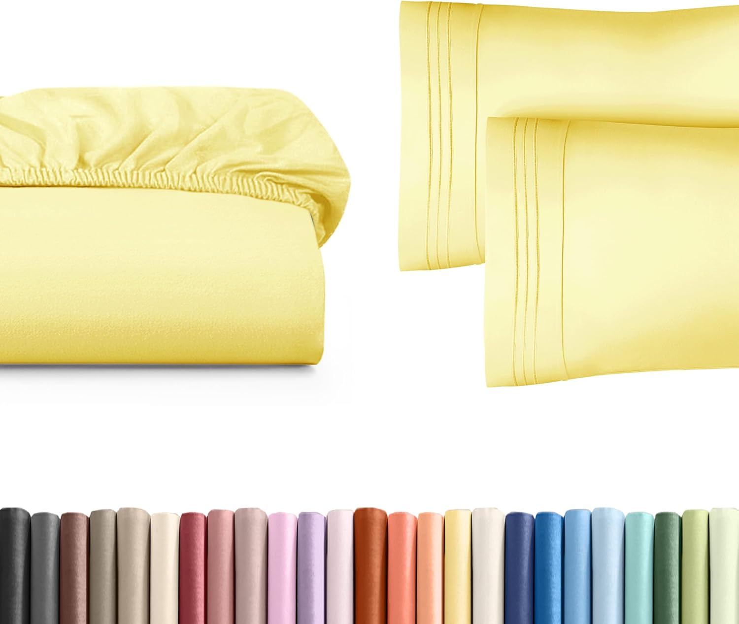 King Size Fitted Bed Sheet + 2 Pillowcases Bundle - Hotel Luxury Single Fitted Bottom Sheet Only - Fits Mattress w/ Deep Pockets Between 8 to 16 inches - Ultra Soft, Breathable & Wrinkle Free - Yellow