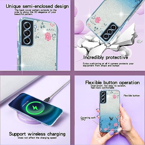 Miniatura 6 de liancang Funda para teléfono Samsung Galaxy S21 FE, mariposa chapada en TPU transparente, purpurina gradual, funda Galaxy S21 FE (azul, Galaxy S21