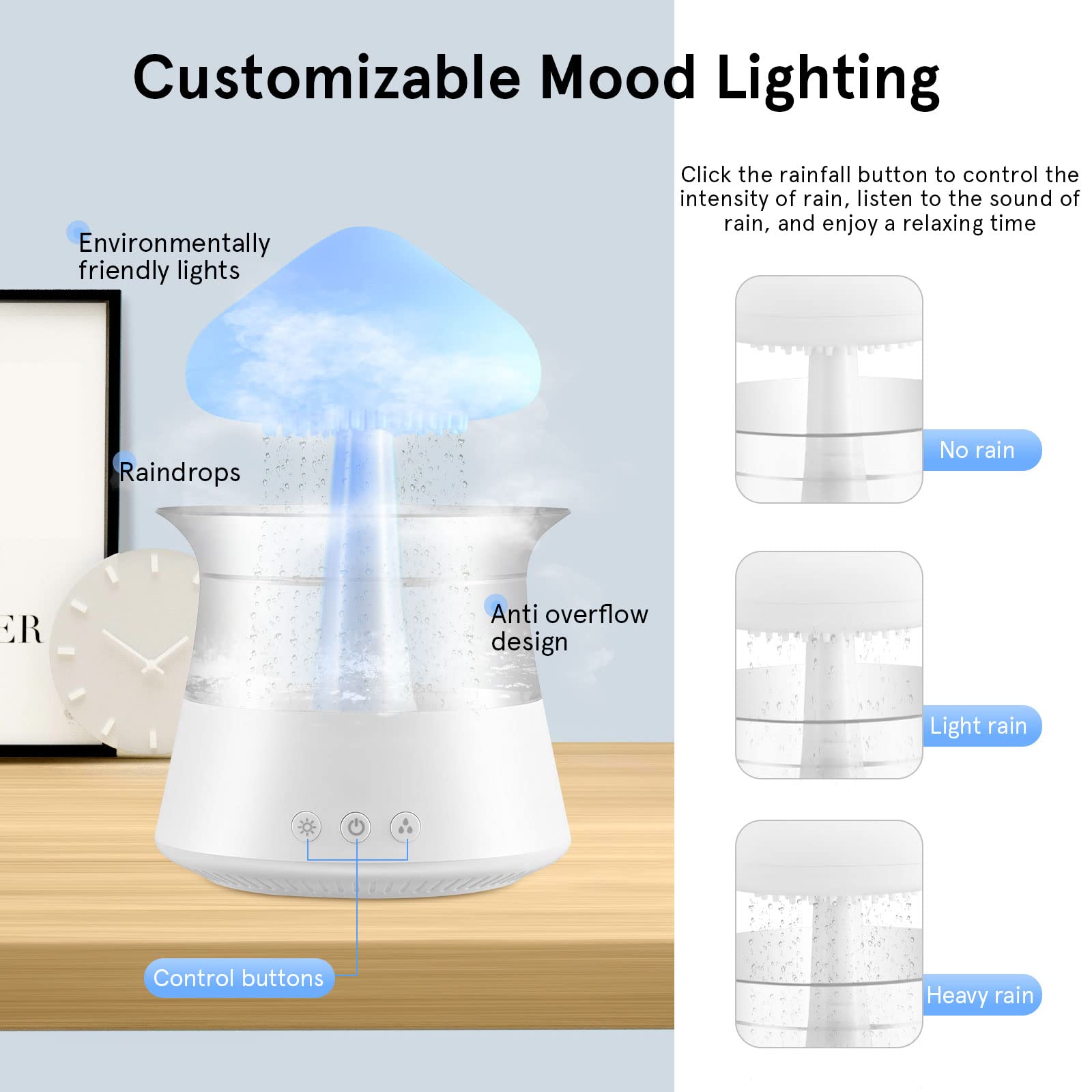 Towwoo 3 en 1 Humidificateur Nuage de Pluie, Diffuseur d'huiles Essentielles d'aromathérapie, Aromathérapie Veilleuse avec 7 Couleurs Changeantes Lumières Son et 3 Modes Brume de Pluie