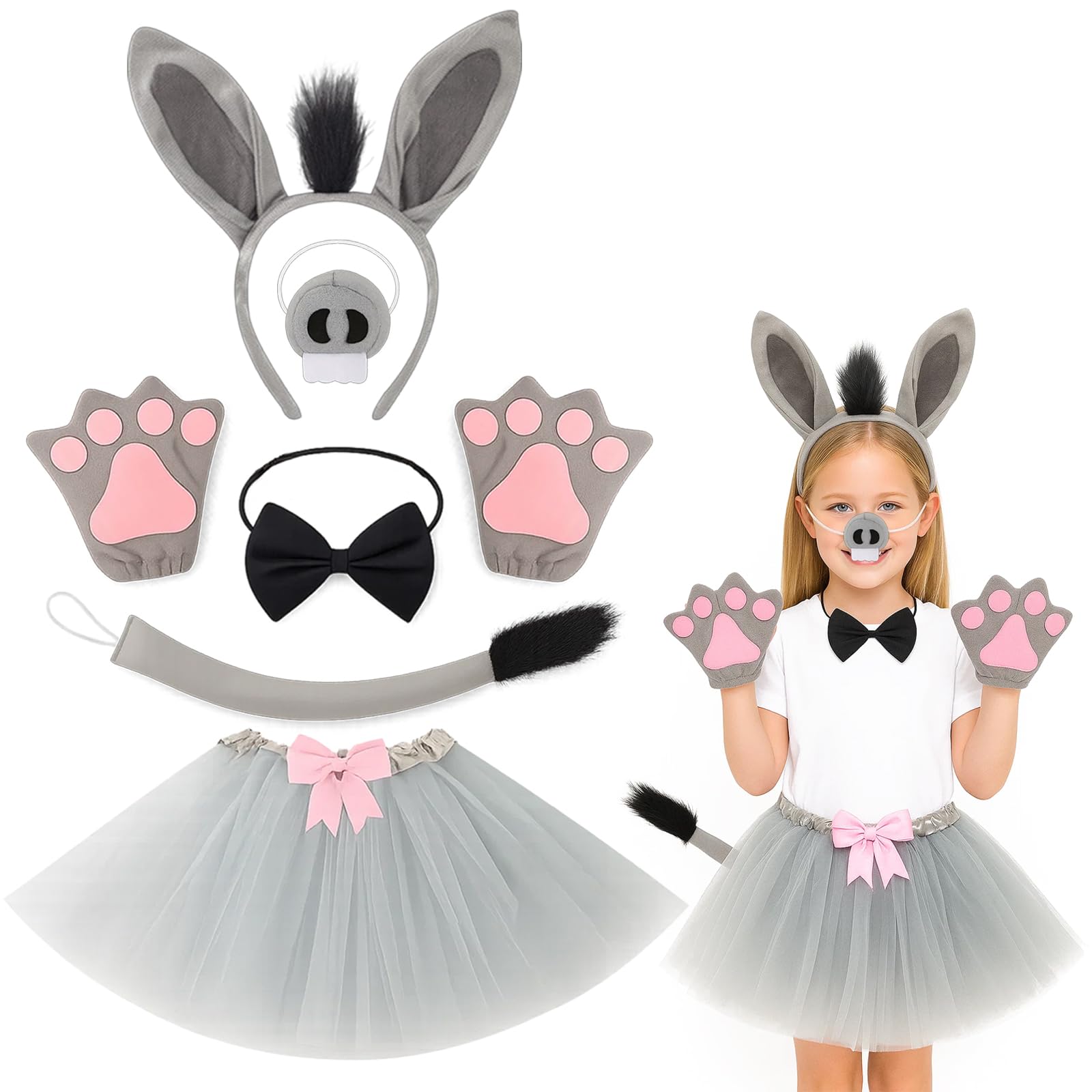 ZcrPrn Donkey Costume, Halloween Costumes for Kids, 6 PCS Childs Donkey Costume Set with Headband, Nose, Bow Tie, Tail, Tutu and Gloves, for Halloween Christmas Carnival Cosplay Party