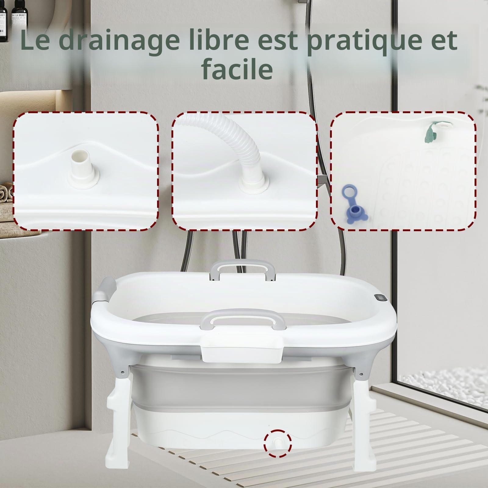 Grand Baignoire Pliable Bébé, Douche Bebe XXL, Pieds Antidérapants, Bouchon de Vidange -3 en 1 (Gris, 99x62x52.9cm)