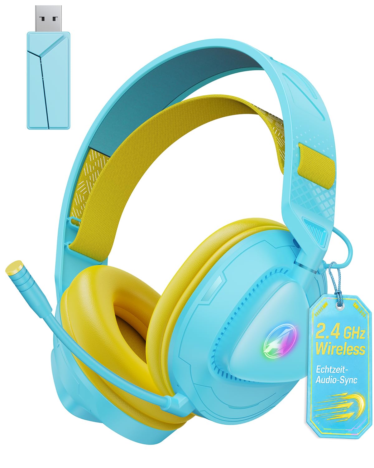 Awinnasey PH3 Kabelloses Gaming Headset für PS5, PS4, PC,Bluetooth-Kopfhörer mit 50 Stunden Akku, Gaming-Headset mit Mikrofon mit Geräuschunterdrückung, RGB Licht, Perlweiß