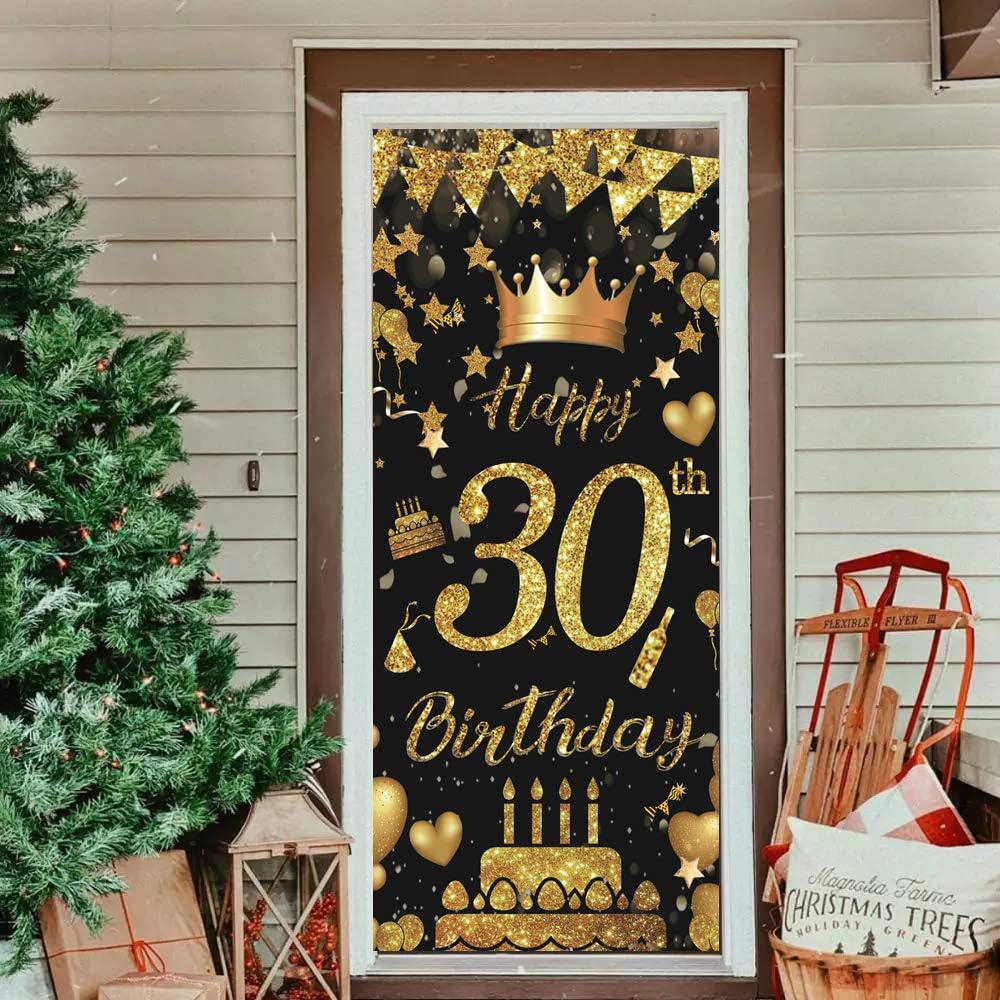 Mocossmy Happy 30th Birthday Door Banner,Large Black and Gold Happy Birthday Door Cover Porch Photography Background Backdrop Sign for Women Men Gifts Indoor Outdoor Birthday Party Supplies Decoration