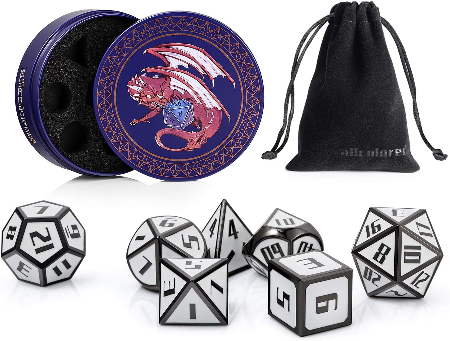 ALLCOLORED Standard 16mm D&D Metal Dice Set 7PCS White Black Heavy DND Dice with Metal Case and Velvet Bag for Playing Tabletop Roleplay Games Dungeons and Dragons