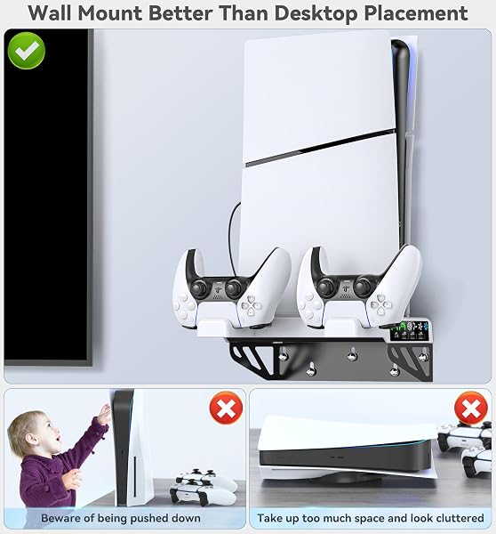 Tokluck PS5 Wall Mount Kit with Cooling Fan & Charging Station, PS5 Shelf Floating Mount for PlayStation 5/Slim/Pro Disc & Digital Console, PS 5 Wall Bracket Behind TV, PS Five Pro Accessories - 4