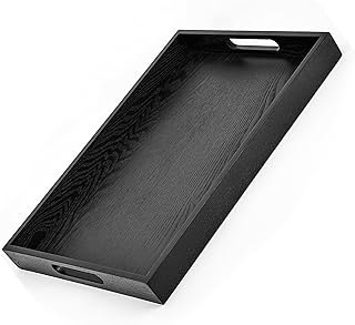 Wood Serving Tray with Handles, 16.9 Inch Coffee Table Tray for Daily Use, Farmhouse Style Wood Tray for Breakfast, Lunch, Dinner, Home Kitchen Dining Tabletop Decor, Ottoman Decorative Tray, Black