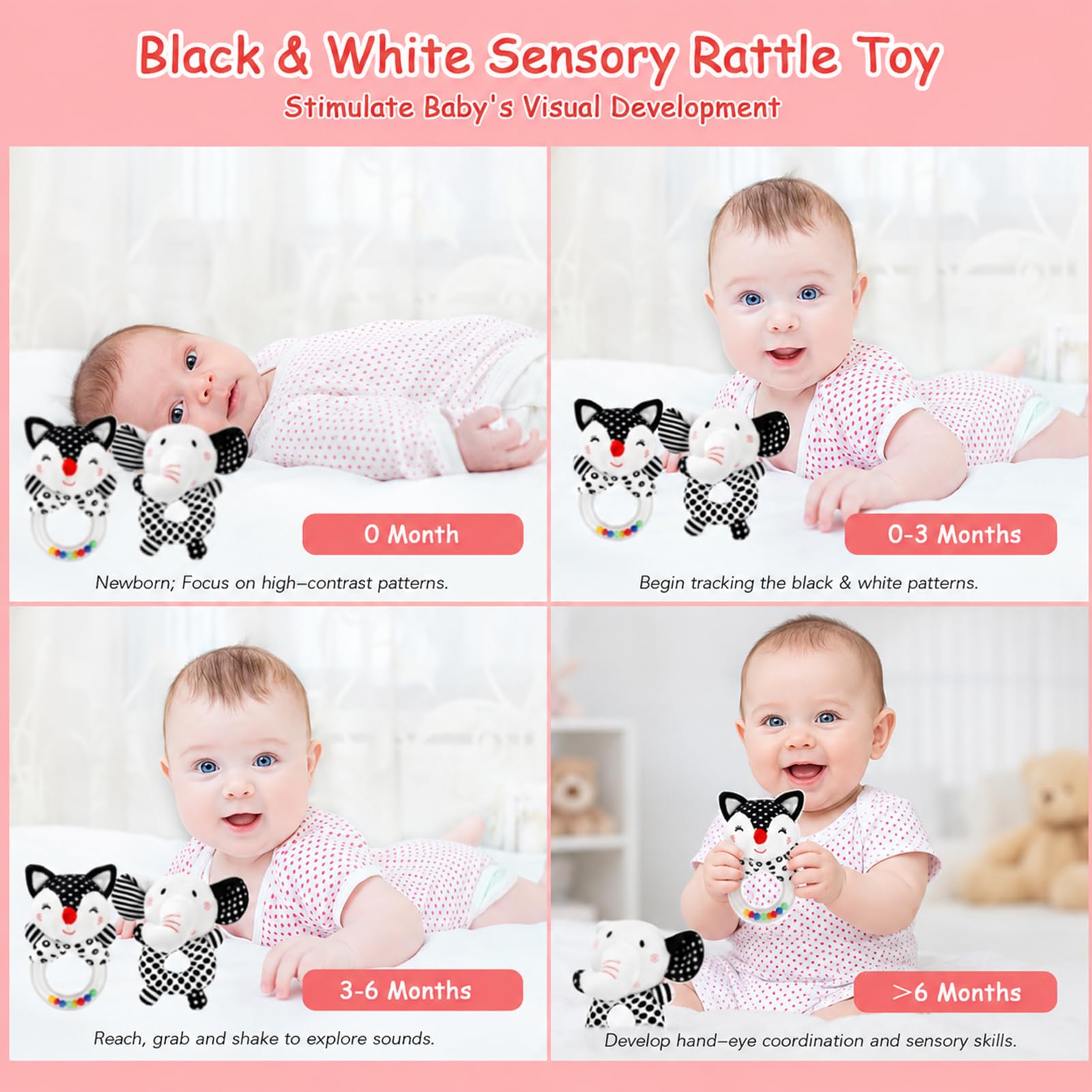JoyLife Hochet Peluche Noir Et Blanc Pour Bébé 0-12 Mois - Haltère Sensoriel à Contraste élevé - Cadeau Naissance Garçon Fille