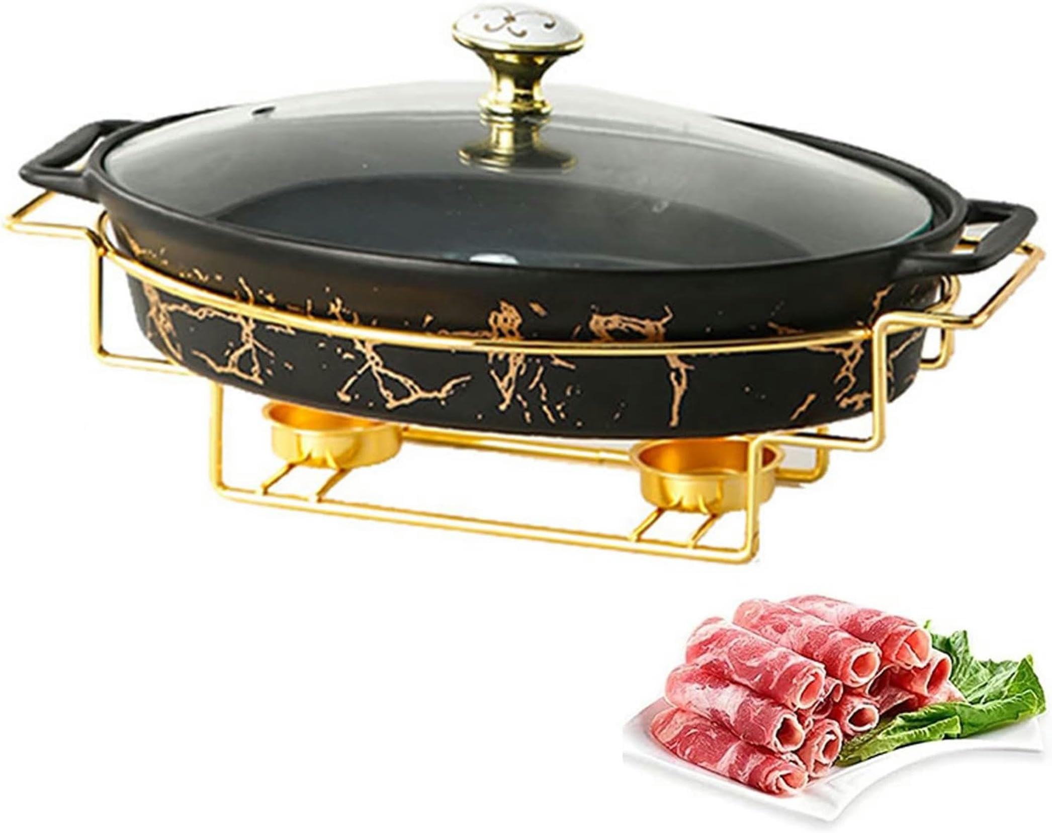 Set da Buffet con scaldavivande in Ceramica, Finitura Effetto Marmo, con Coperchio in Vetro e Porta-combustibile per Buffet/Banchetti (Nero L)