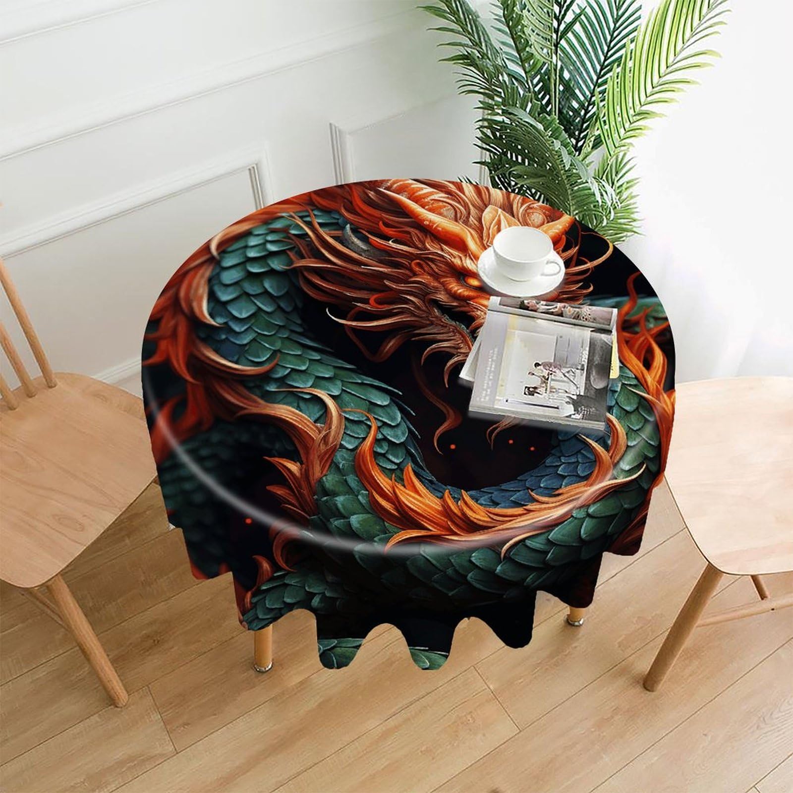FodPand Chinese Dragon Round Tablecloth - 60 Inch Premium Polyester Table Cloth, Fashion Wrinkle Resistant Decorative Table Cover for Dining Kitchen Party Buffet Tables