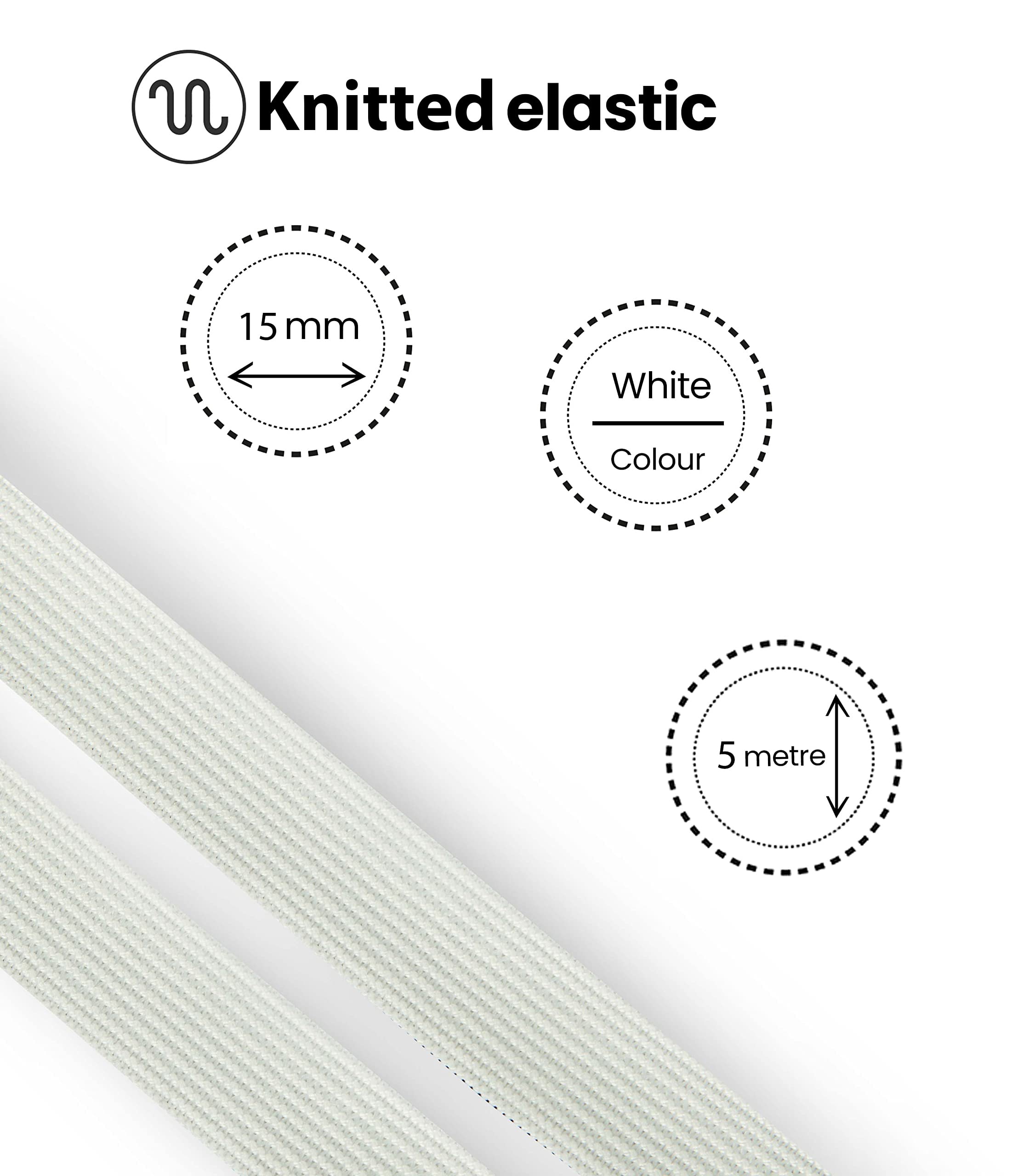 Elastico per cucire in larghezze 7, 10, 15, 20, 25, 40, 50 mm (bianco, 15 mm x 5 m)