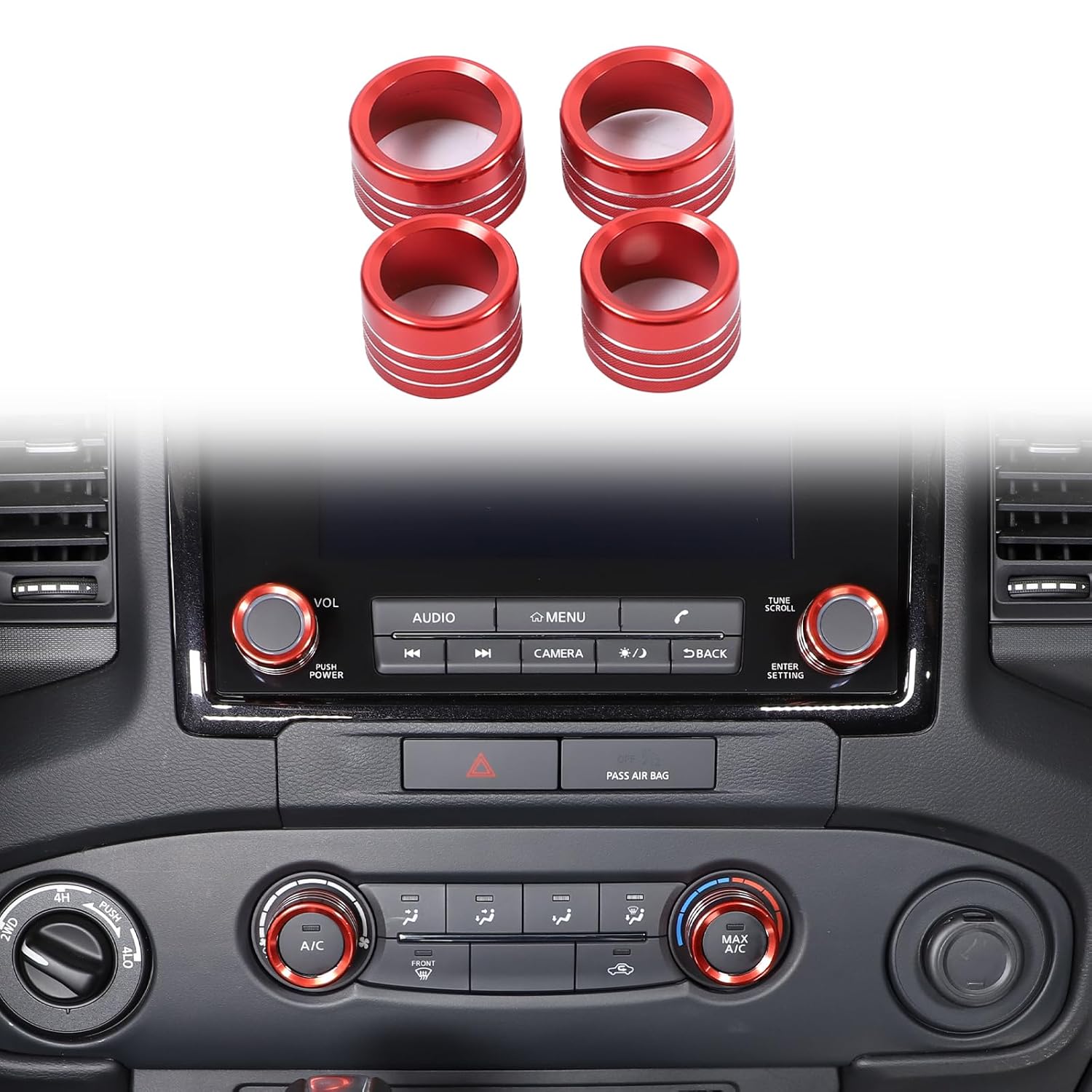 Center Console Air Conditioner Volume Knob Cover Compatible with Nissan Frontier 2022-2024, Car A/C Radio Switch Button Trim Ring Interior Accessories (Red)