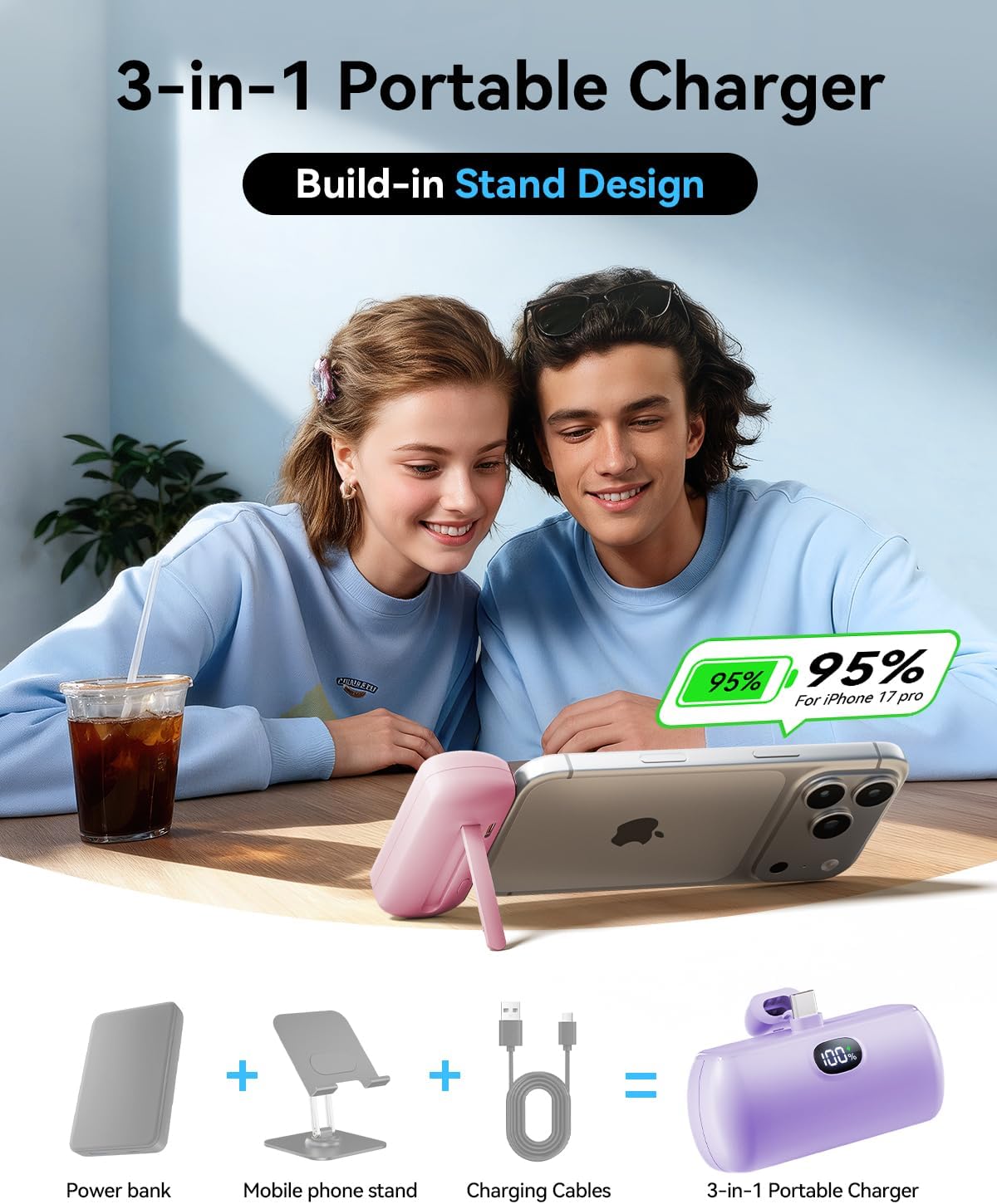 [2 Pack Mini Portable Charger USB C, 5000mAh Cell Phone Portable Power Bank, 22.5W Max Fast Charging Battery Pack for iPhone17/16/15/Android etc, Travel Essential, LCD Display, Pink&Purple - Image 4