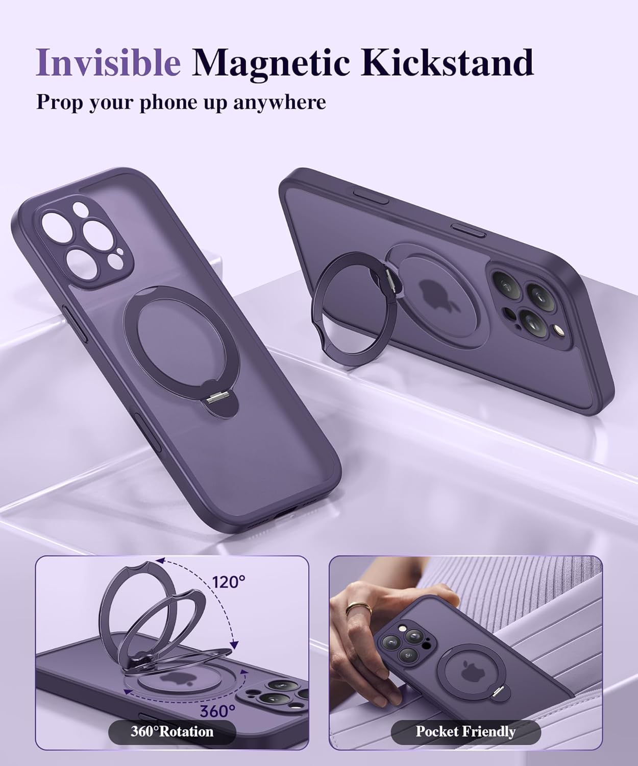 BERFY for iPhone 16 Pro Max Case, Compatible with MagSafe, Built-in 9H Tempered Glass Screen Protector and 360 Spin Magnetic Stand, Full Body Shockproof Matte Phone Case for 16 Pro Max 6.9", Purple - Image 2