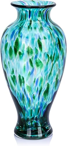 Hand Blown Glass Vase 11.8" Tall Beautiful Turquoise Sea Wide Mouth Bud Vase for Table Centerpiece, Painted Colorful Murano Glass Flower Vases for - Home Entrance Wedding Center