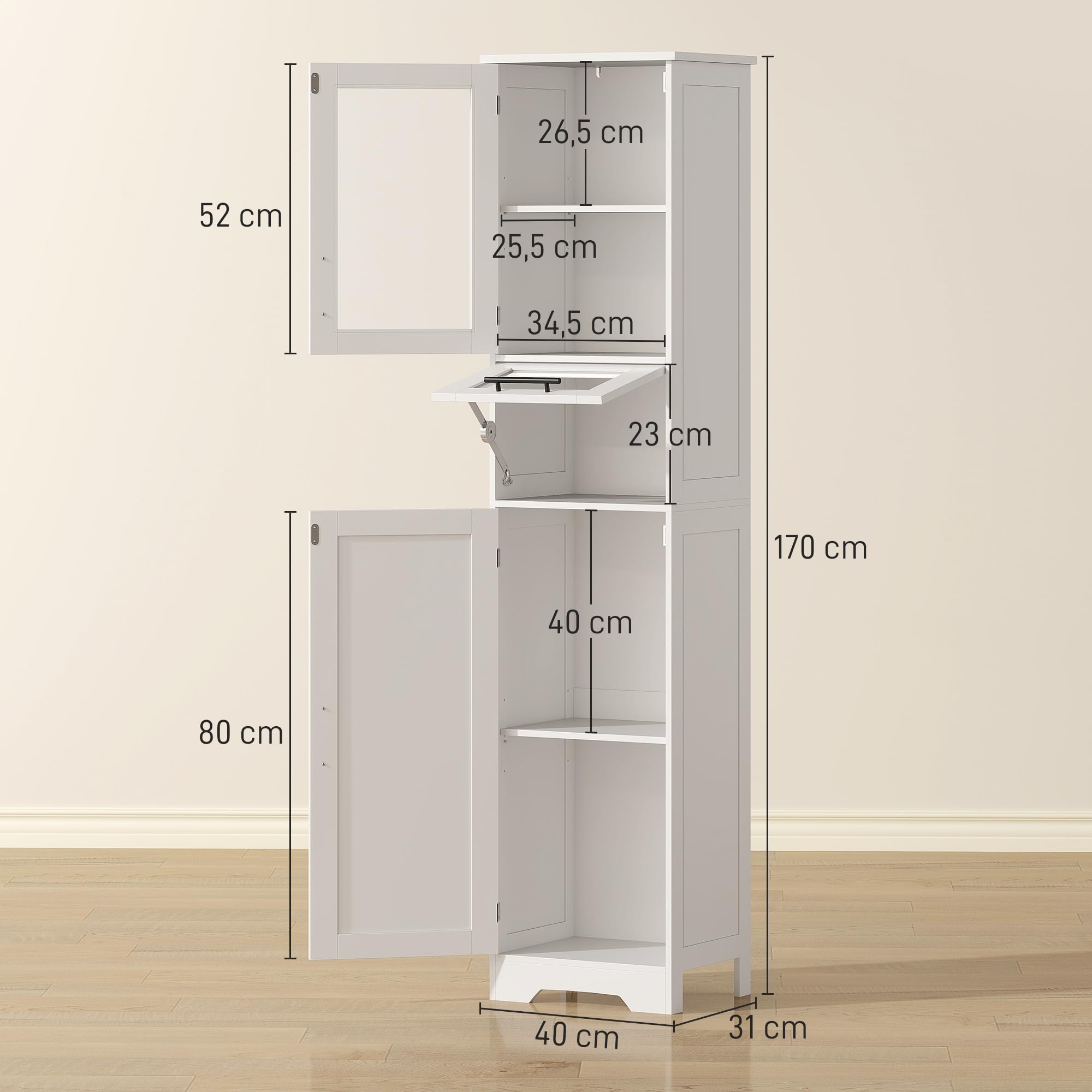 HOMCOM Armario de Baño Alto de Pie con Puerta Vidrio 40x31x170 cm Blanco | Mueble Auxiliar de Baño, Estantes Ajustables, Cajón, Columna Estrecha para Espacios Pequeños