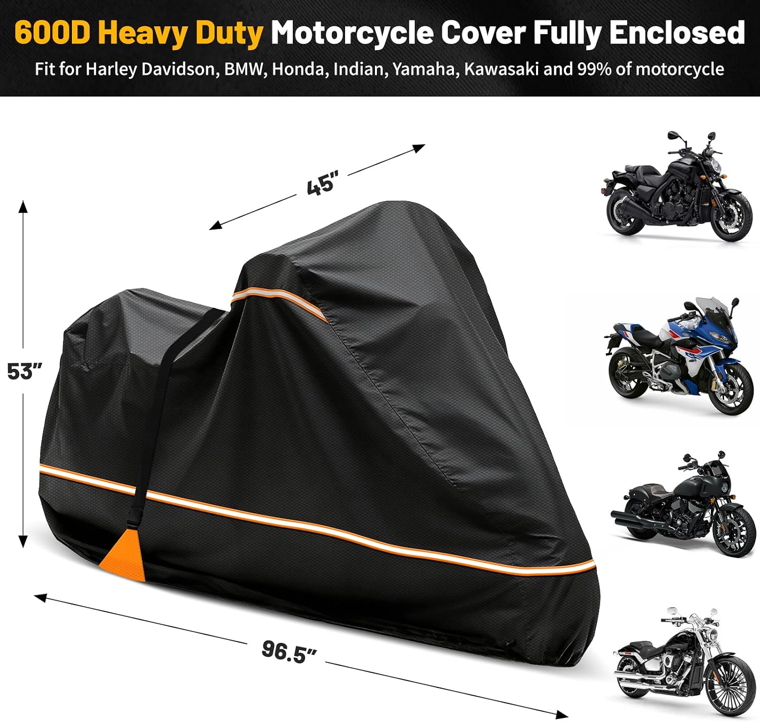 Full Enclosed Motorcycle Cover, 600D Heavy Duty Waterproof Motorcycle Cover 96.5 Inch, Fits for Harley Davidson Honda Yamaha Suzuki Scooter, Dirtbike, Cruiser Models, Black