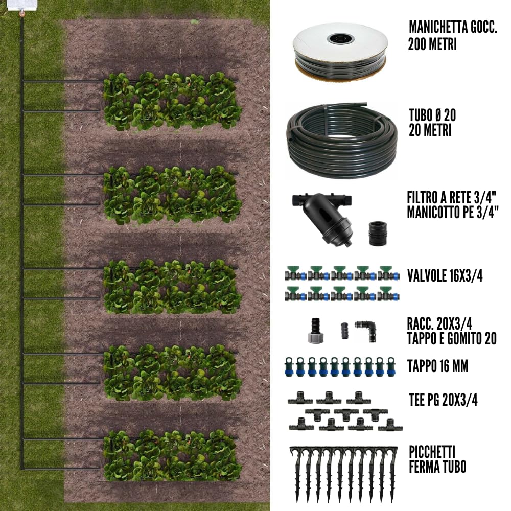 Kit Irrigazione Orto Manichetta gocciolante leggera 200 Mq | Distanza Goccia ogni 20 30 40 Cm Impianto Completo raccordi e filtro (Passo 40)