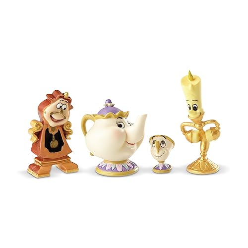 Colección de objetos encantados de la colección de exhibición de Disney de Enesco Tiny Beauty y la Bestia - Conjunto de 4 figuritas de resina artesanal pintada de Disney Mini Estatuillas de decoración del hogar, varios tamaños