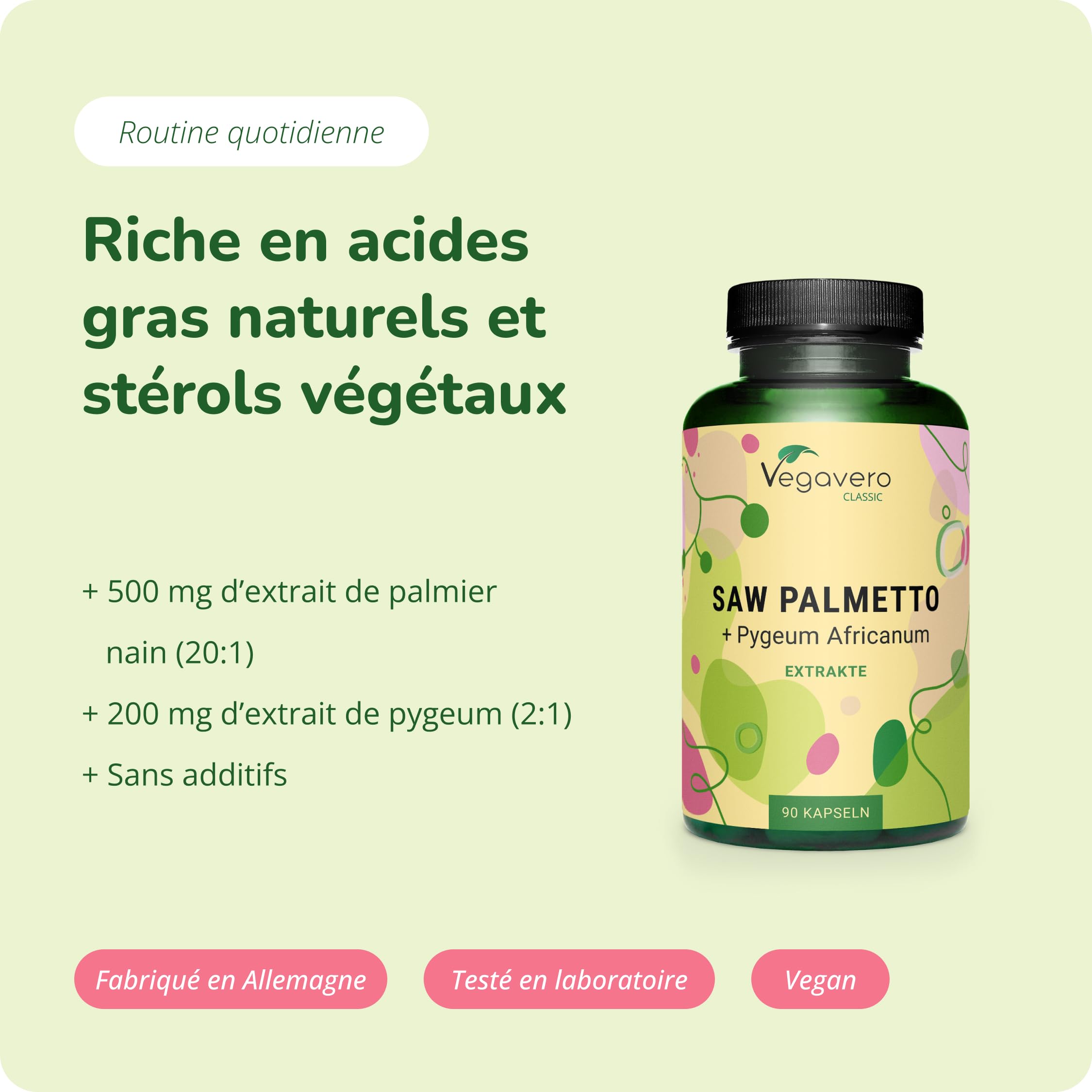 Saw Palmetto 10000 mg | Avec Pygeum Africanum | Extraits Fortement Dosé | 45% Acides Gras & 10% Stérols | Prostate & Confort Urinaire Homme | VEGAN & Sans Additifs | 90 Gélules | Vegavero®