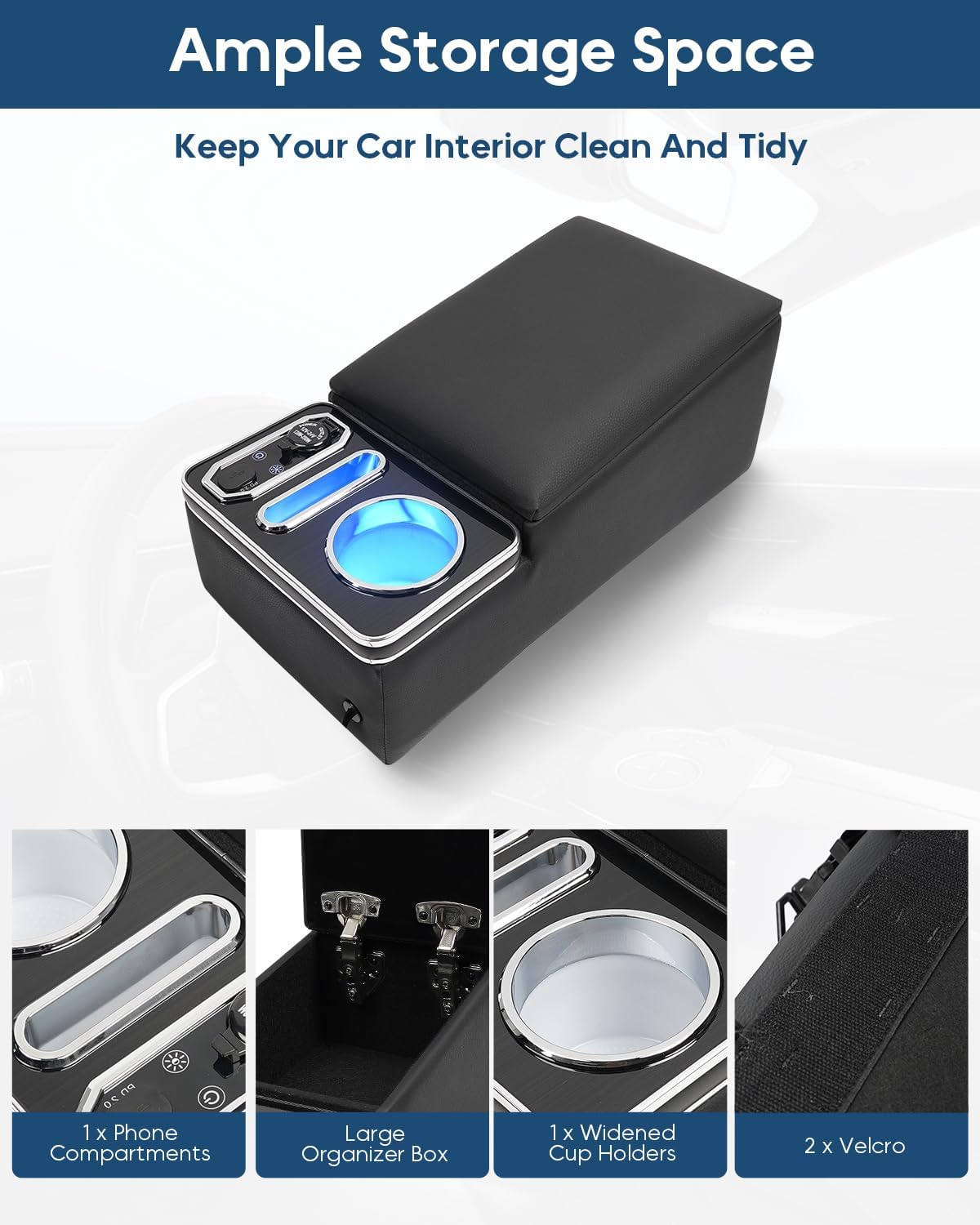 Center Console Organizer for Small SUV, Sedan, Truck, Rear Bench Seat Armrest Organizer with 7-Color Adjustable LED Lighting, Upgraded Automotive Center Storage Box with Fast Phone Charging