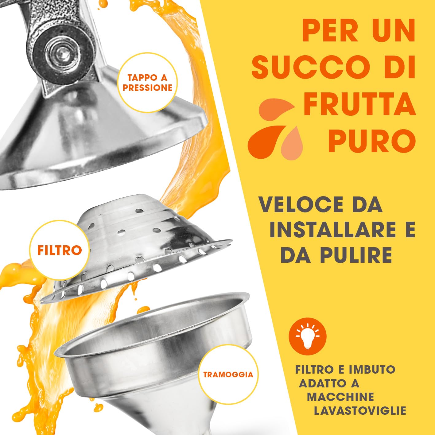 Lumaland Spremiagrumi in Acciaio Inox, di Alta qualità, Molto Silenzioso, Utilizzabile manualmente, Elegante spremiagrumi, esente da Manutenzione e Potente per Molto più succhi di Frutta, Basta